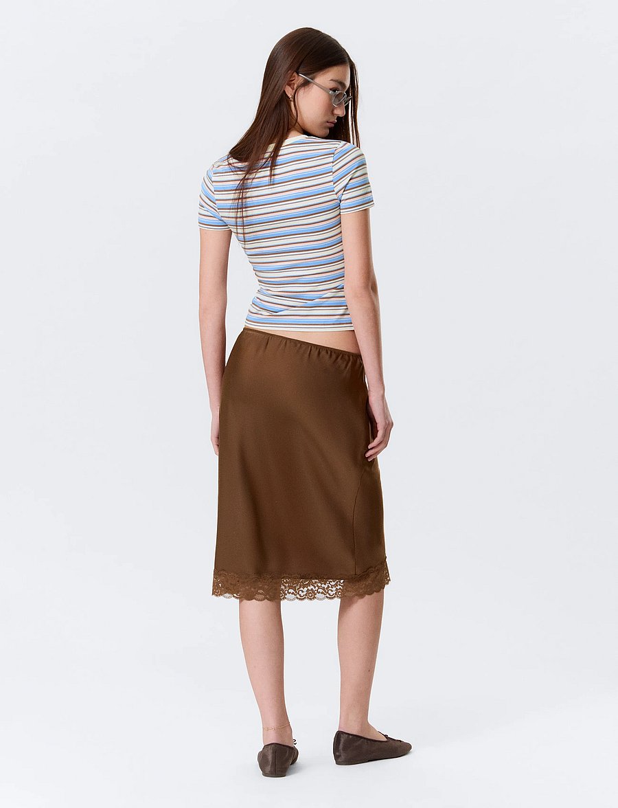 Monki - Satin Lace Midi Skirt - satin skirts - brown dark - 4