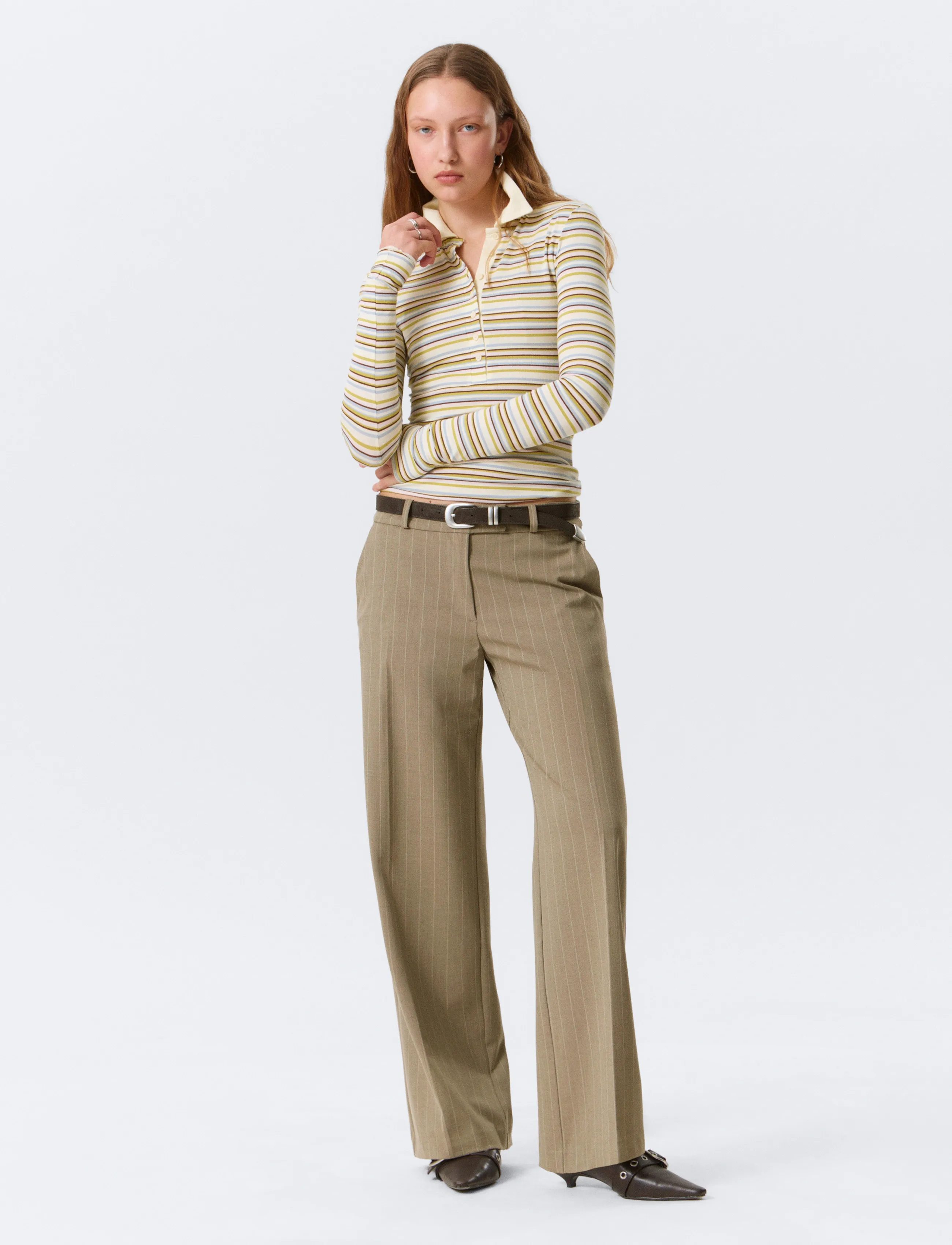 Monki - Long-Sleeved Fitted Polo Shirt - polosärgid - yellow dusty light - 2