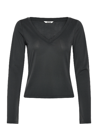 Monki Long-Sleeved V-neck Top - Long-sleeved tops - BLACK DARK / black