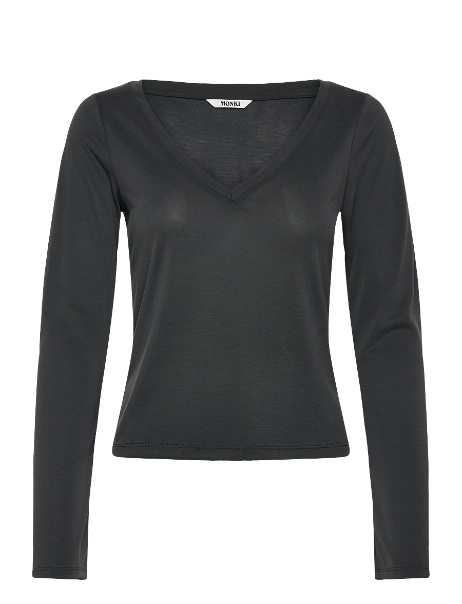 Monki - Long-Sleeved V-neck Top - langærmede toppe - black dark - 0