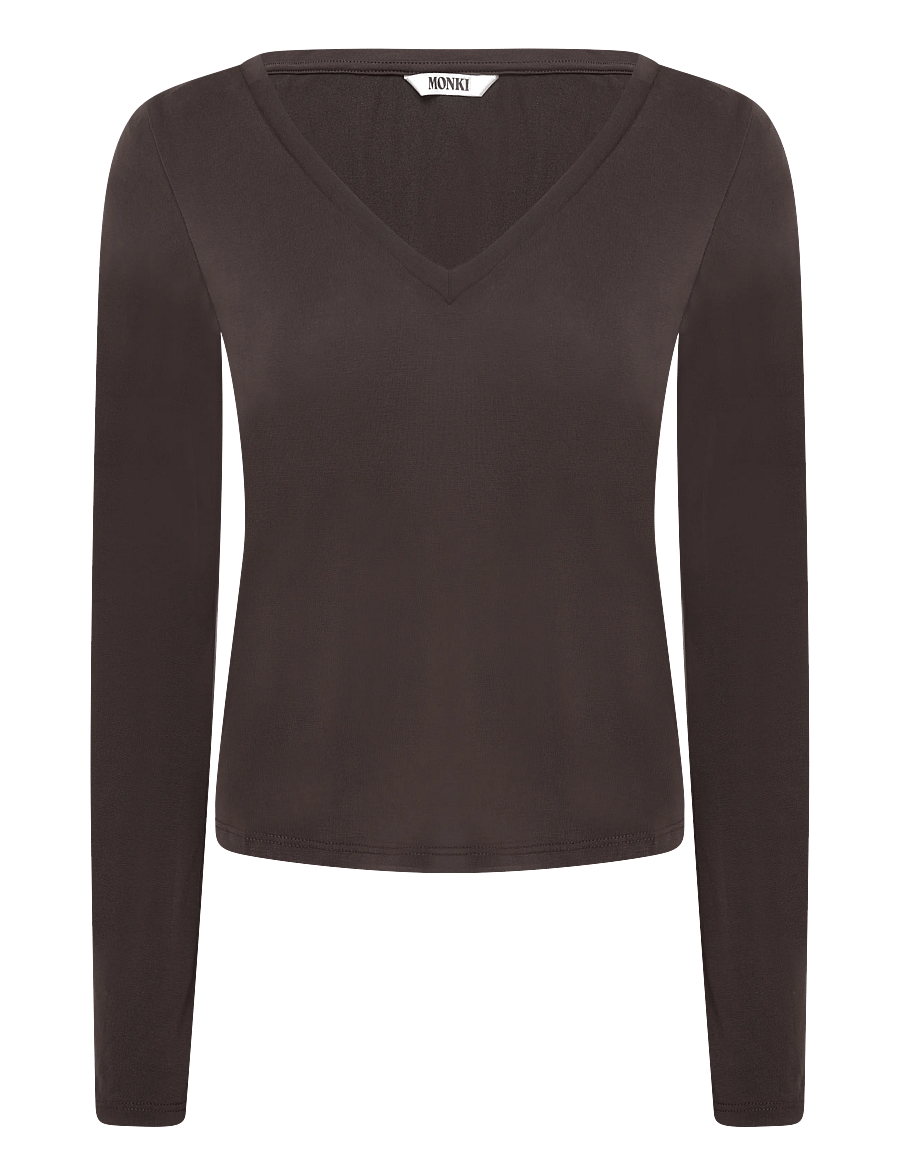 Monki - Long-Sleeved V-neck Top - long-sleeved tops - brown dark - 0