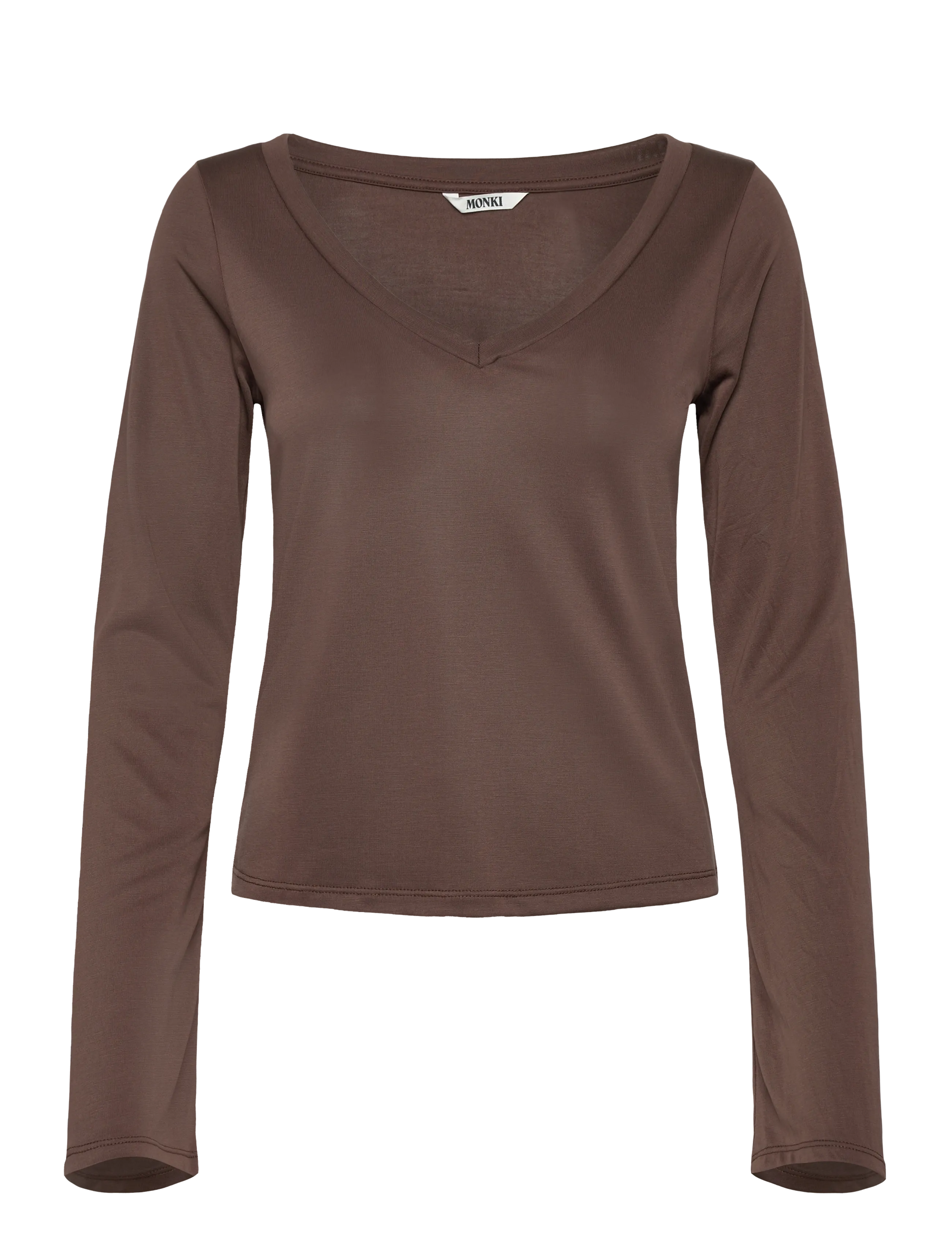 Monki Long-Sleeved V-neck Top - Tøj - MOLE DARK / brown