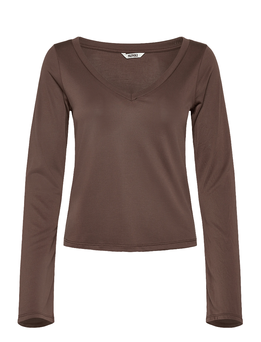 Monki - Long-Sleeved V-neck Top - long-sleeved tops - mole dark - 0