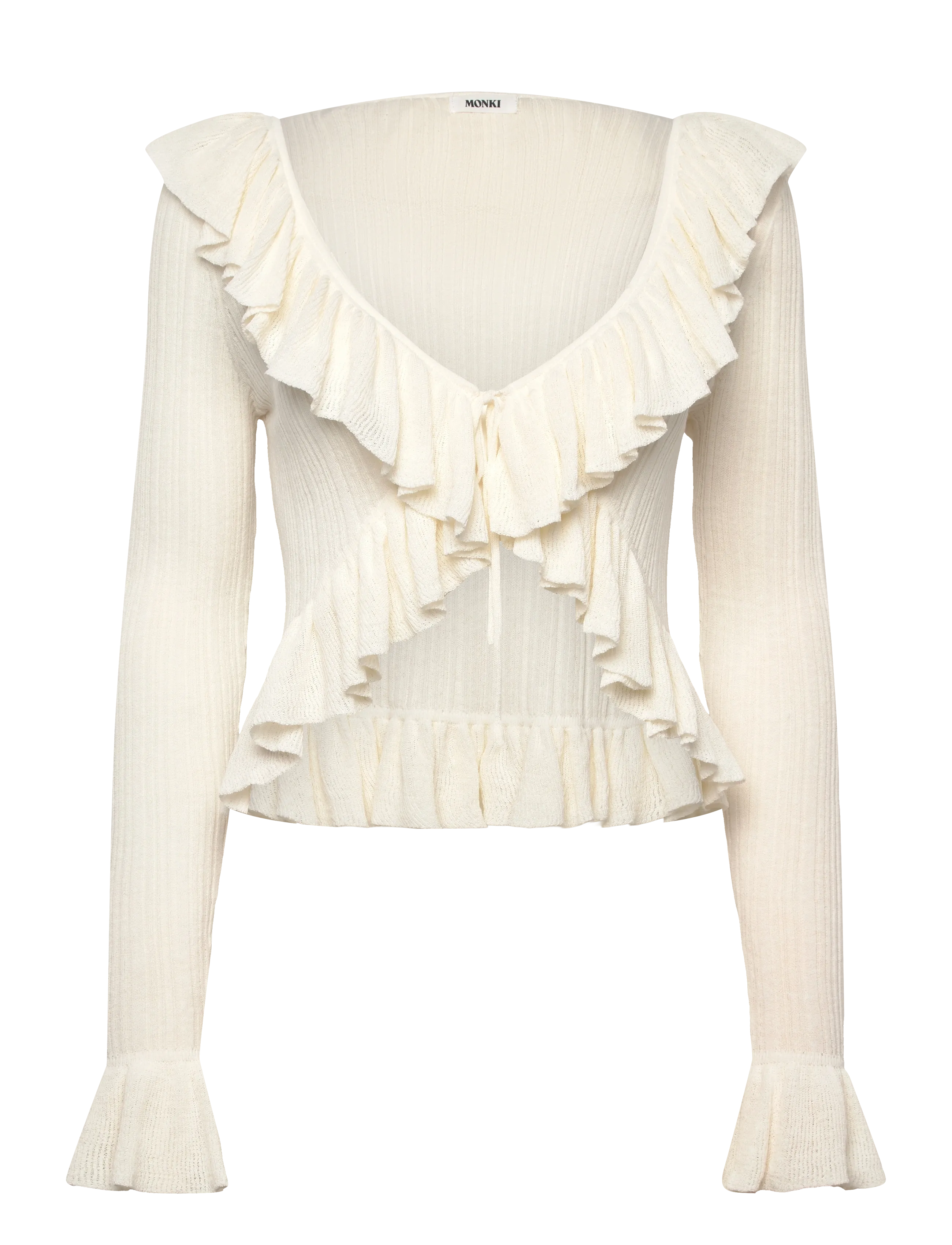 Monki Frilled Knitted V-Neck Cardigan, XXS, Cream, Strik > Cardigans, Dame