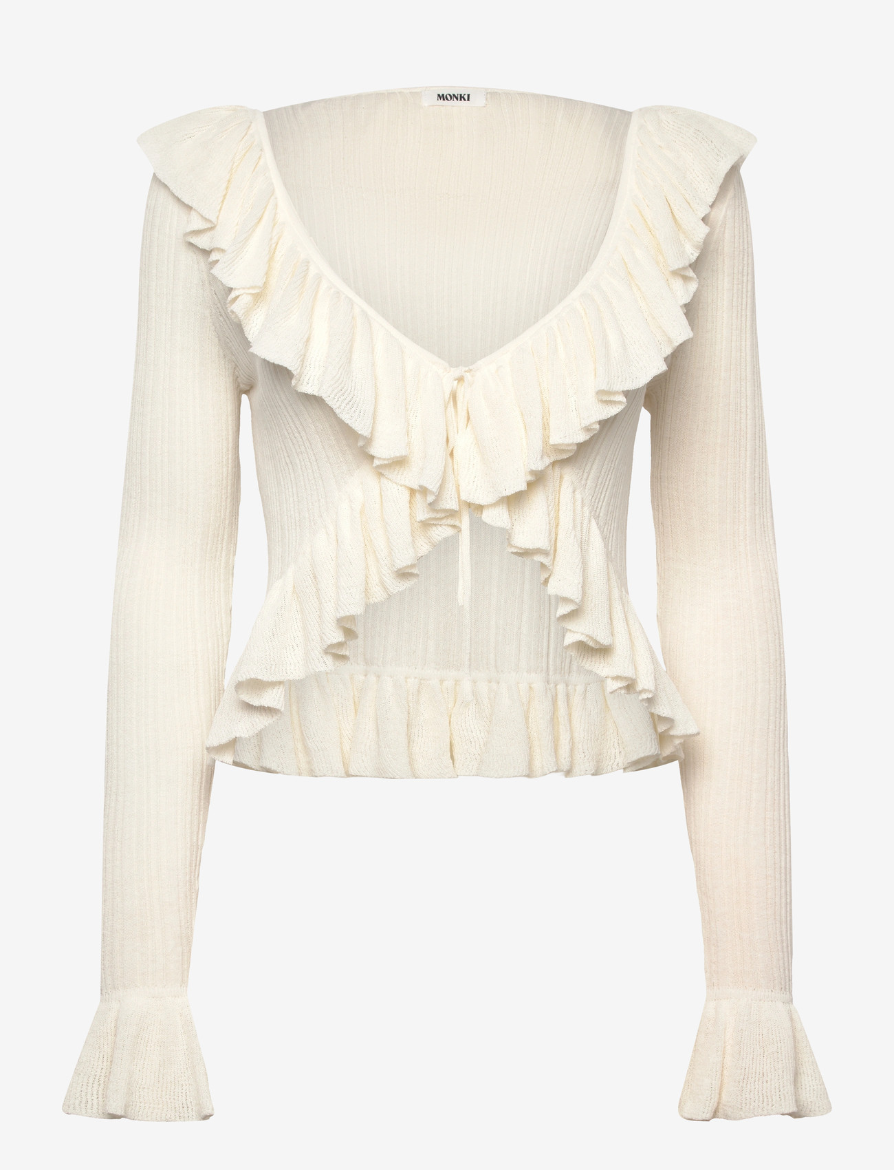 Monki - Frilled Knitted V-neck Cardigan - cardigans - white dusty light - 0