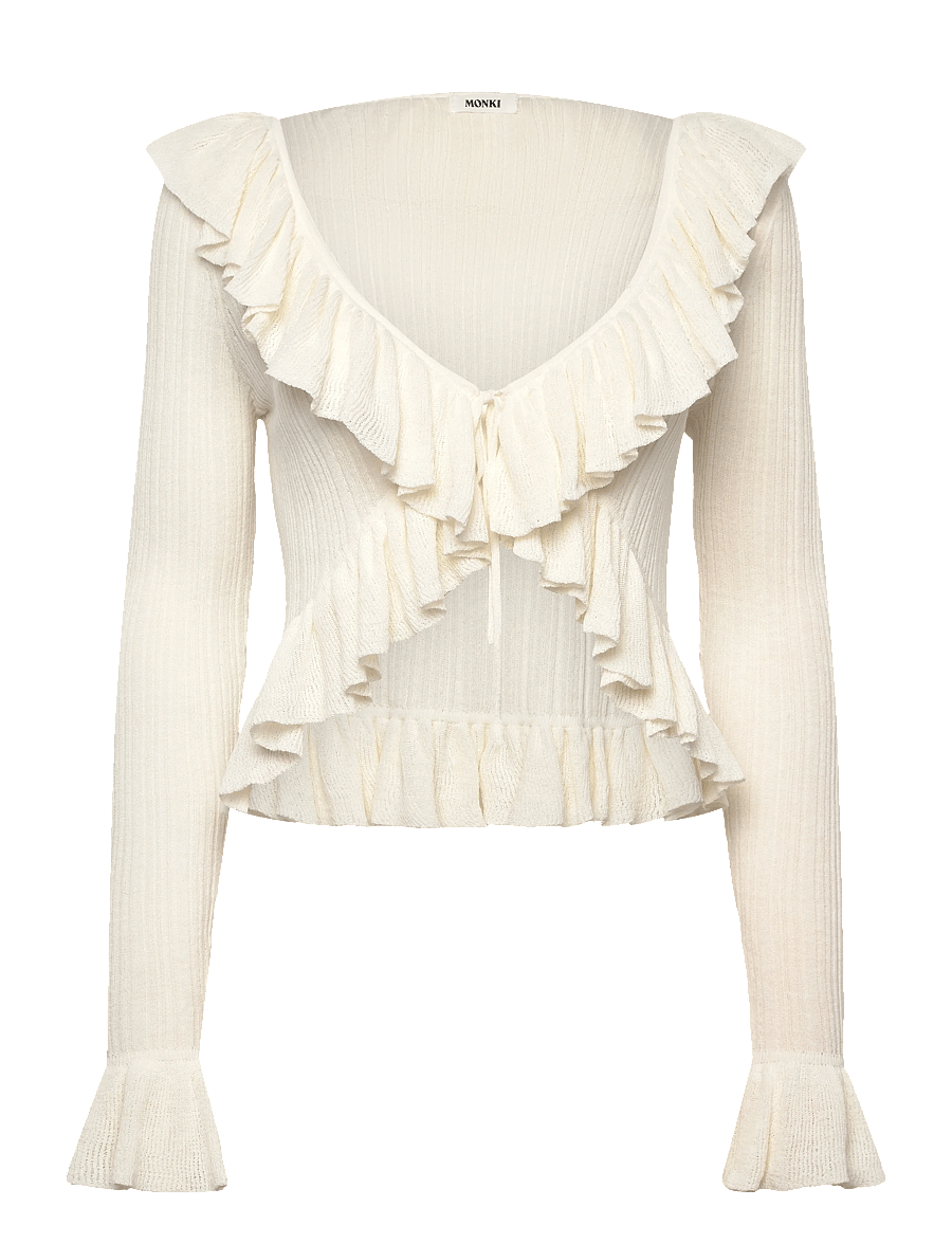 Monki - Frilled Knitted V-neck Cardigan - koftor - white dusty light - 0