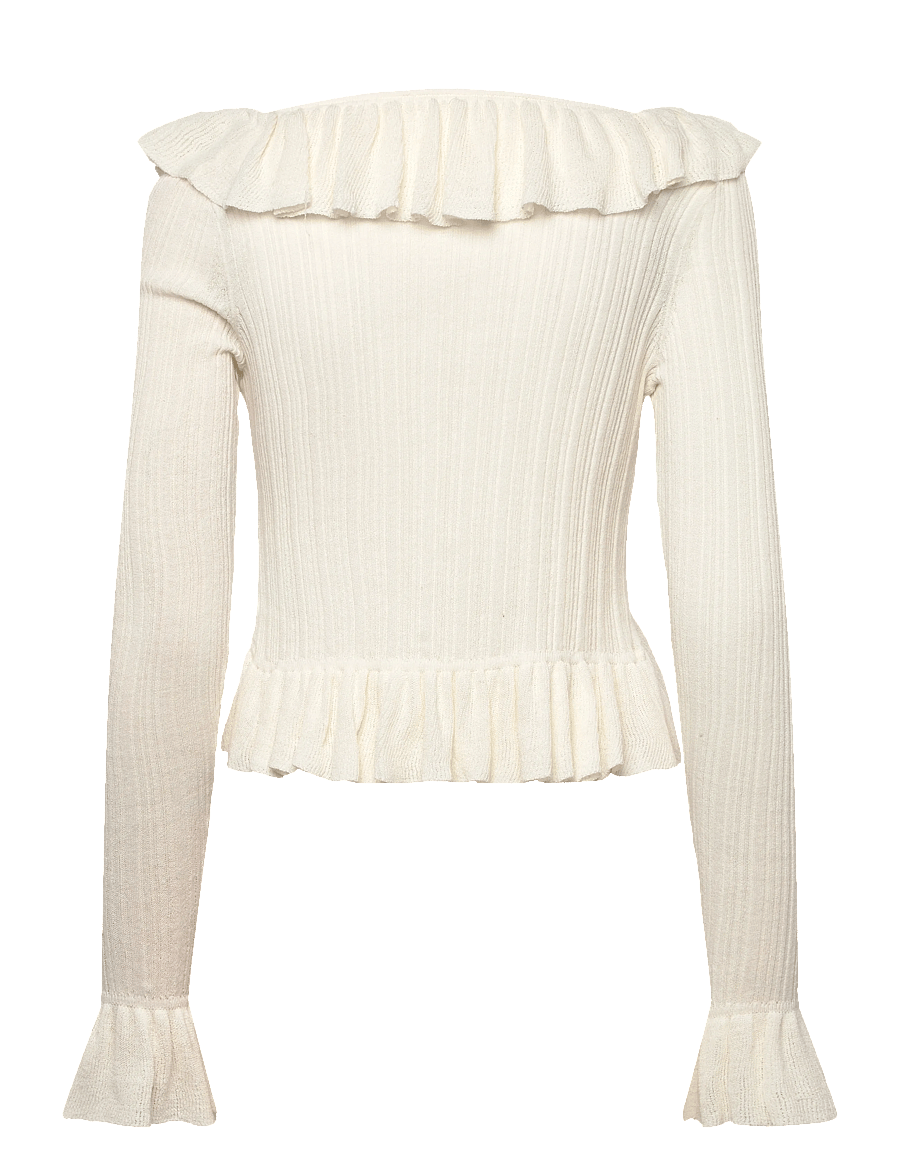 Monki - Frilled Knitted V-neck Cardigan - koftor - white dusty light - 1