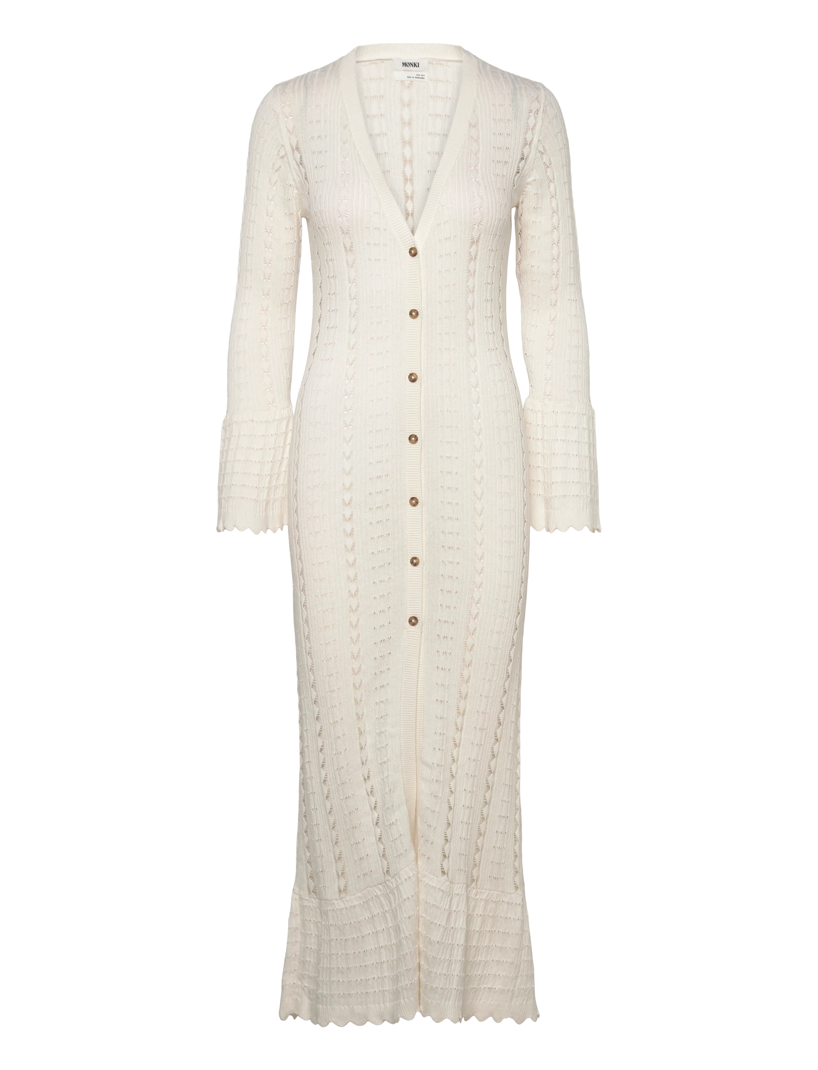 Monki Long Frilled Knitted V-neck Cardigan - Cardigans - WHITE DUSTY LIGHT / cream