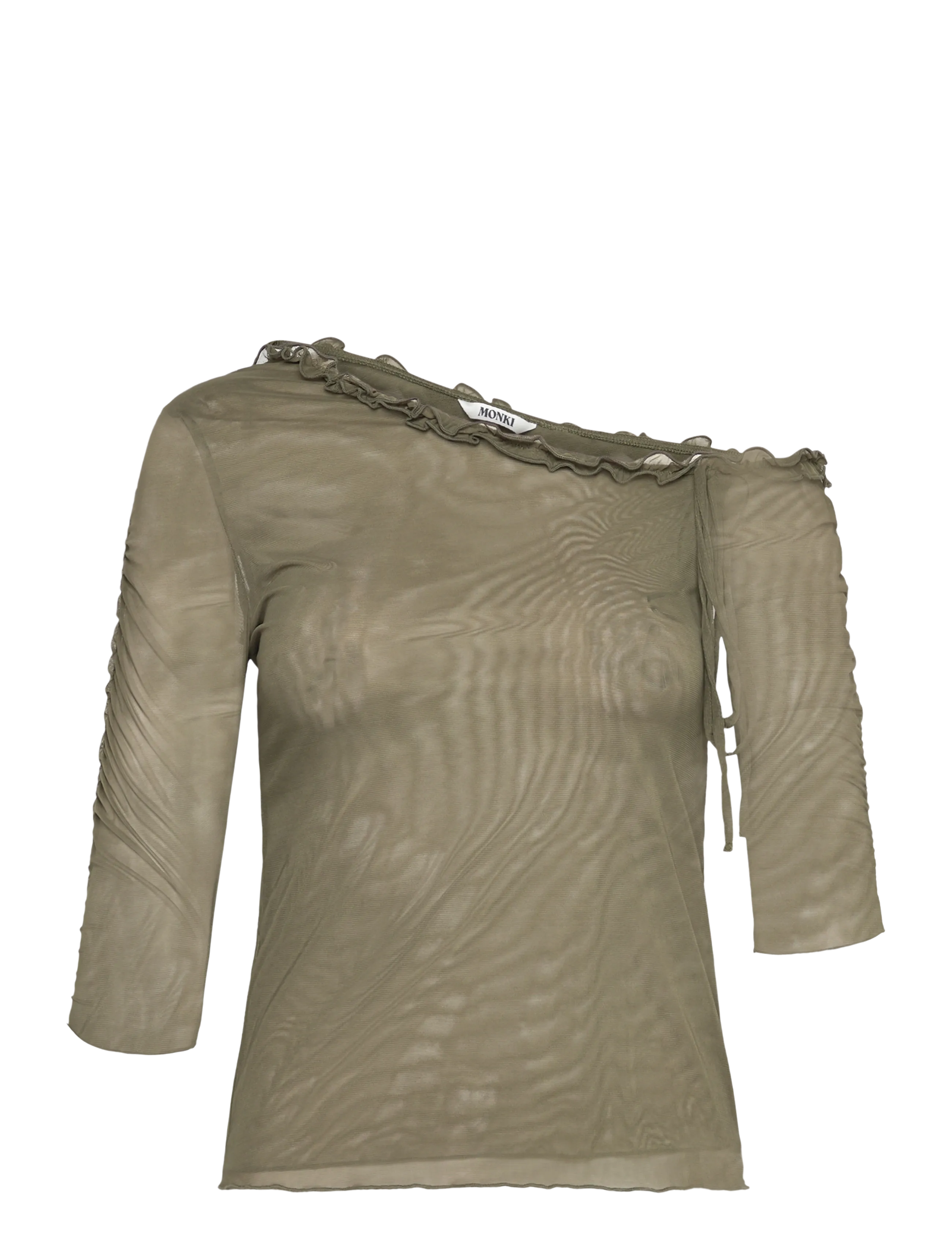 Monki Asymmetric Off-Shoulder Three-Quarter Sleeve Top, S, T-shirts & Oberteile, Khakigrün - Long-sleeved, Frauen