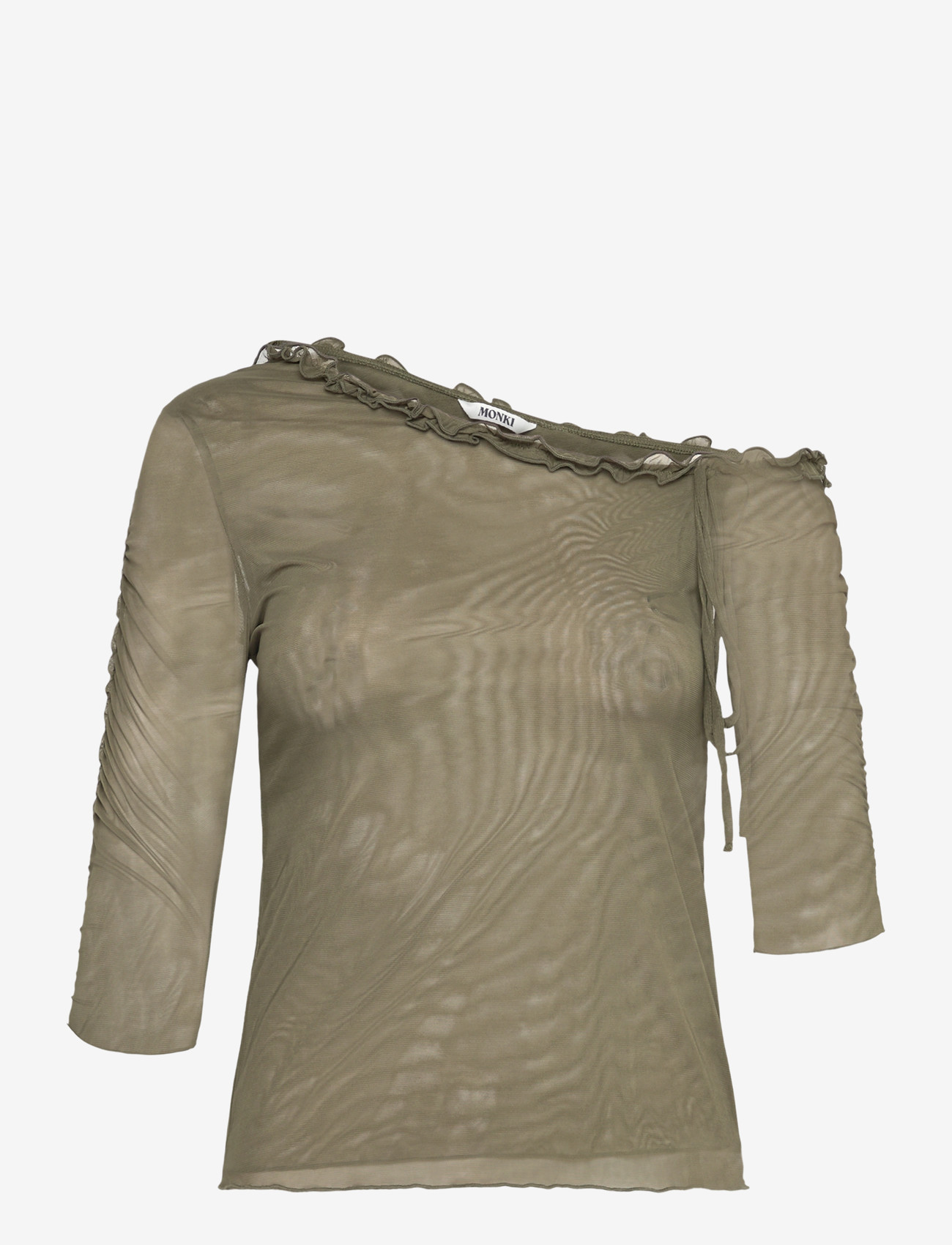 Monki - Asymmetric Off-Shoulder Three-Quarter Sleeve Top - long-sleeved tops - khaki green medium dusty - 0