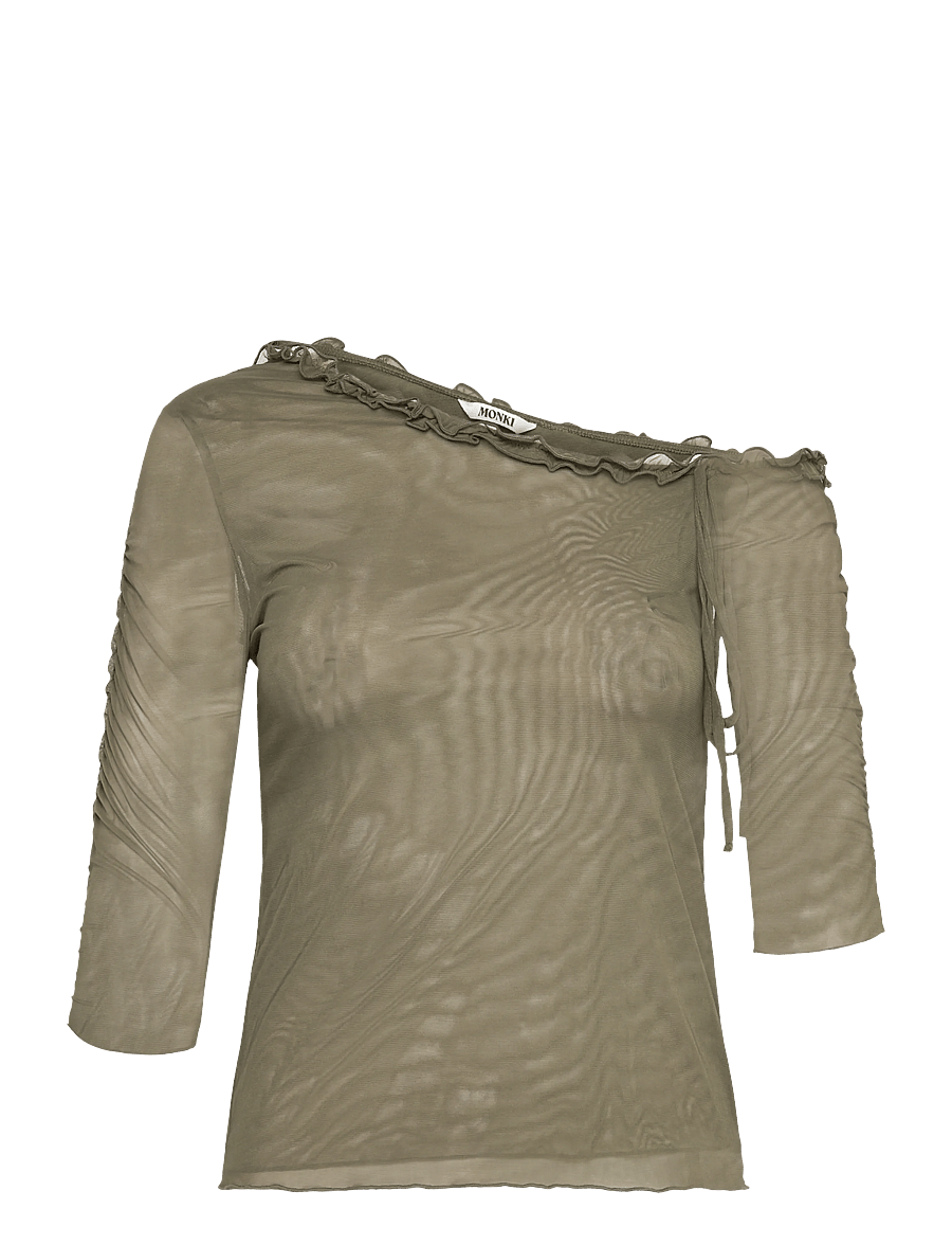Monki - Asymmetric Off-Shoulder Three-Quarter Sleeve Top - långärmade toppar - khaki green medium dusty - 0