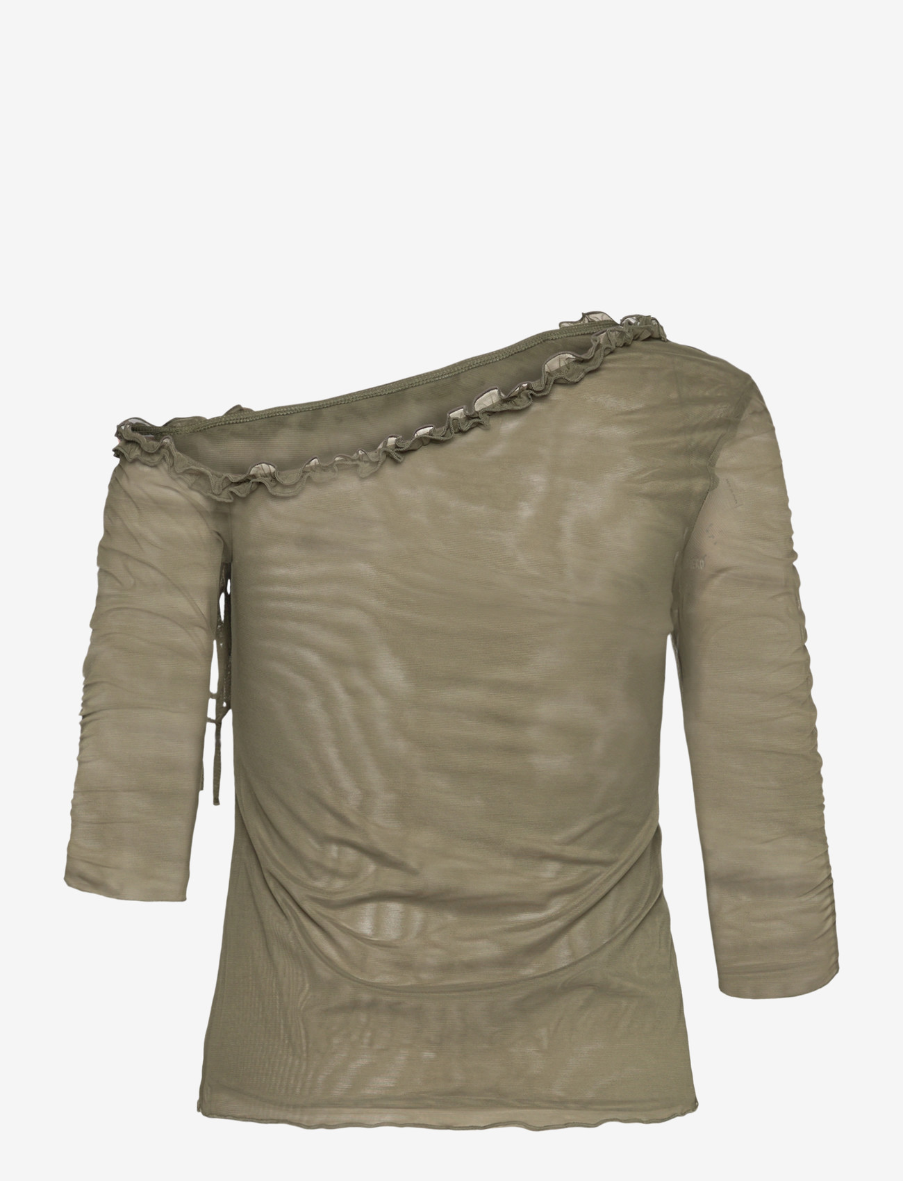 Monki - Asymmetric Off-Shoulder Three-Quarter Sleeve Top - long-sleeved tops - khaki green medium dusty - 1