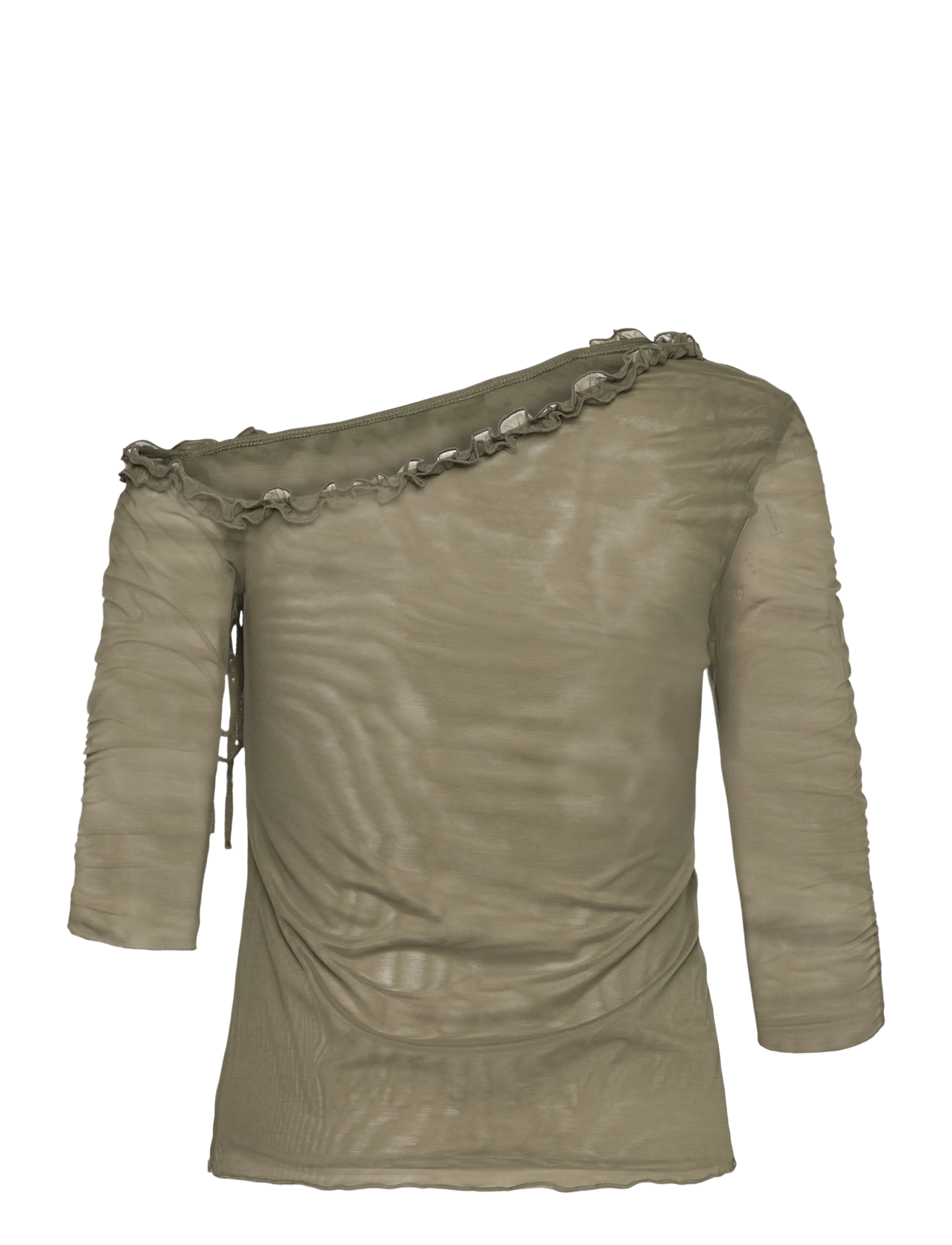Monki - Asymmetric Off-Shoulder Three-Quarter Sleeve Top - langärmlige tops - khaki green medium dusty - 1