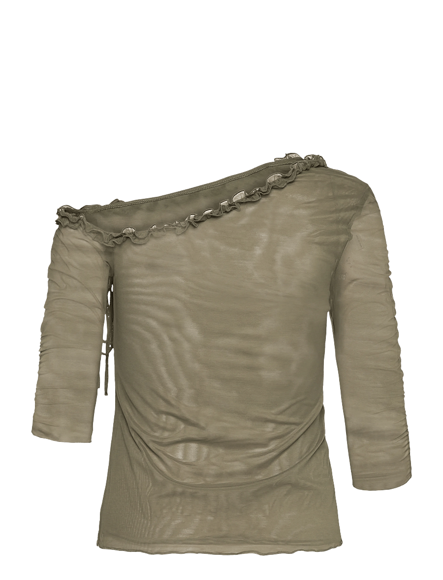 Monki - Asymmetric Off-Shoulder Three-Quarter Sleeve Top - långärmade toppar - khaki green medium dusty - 1