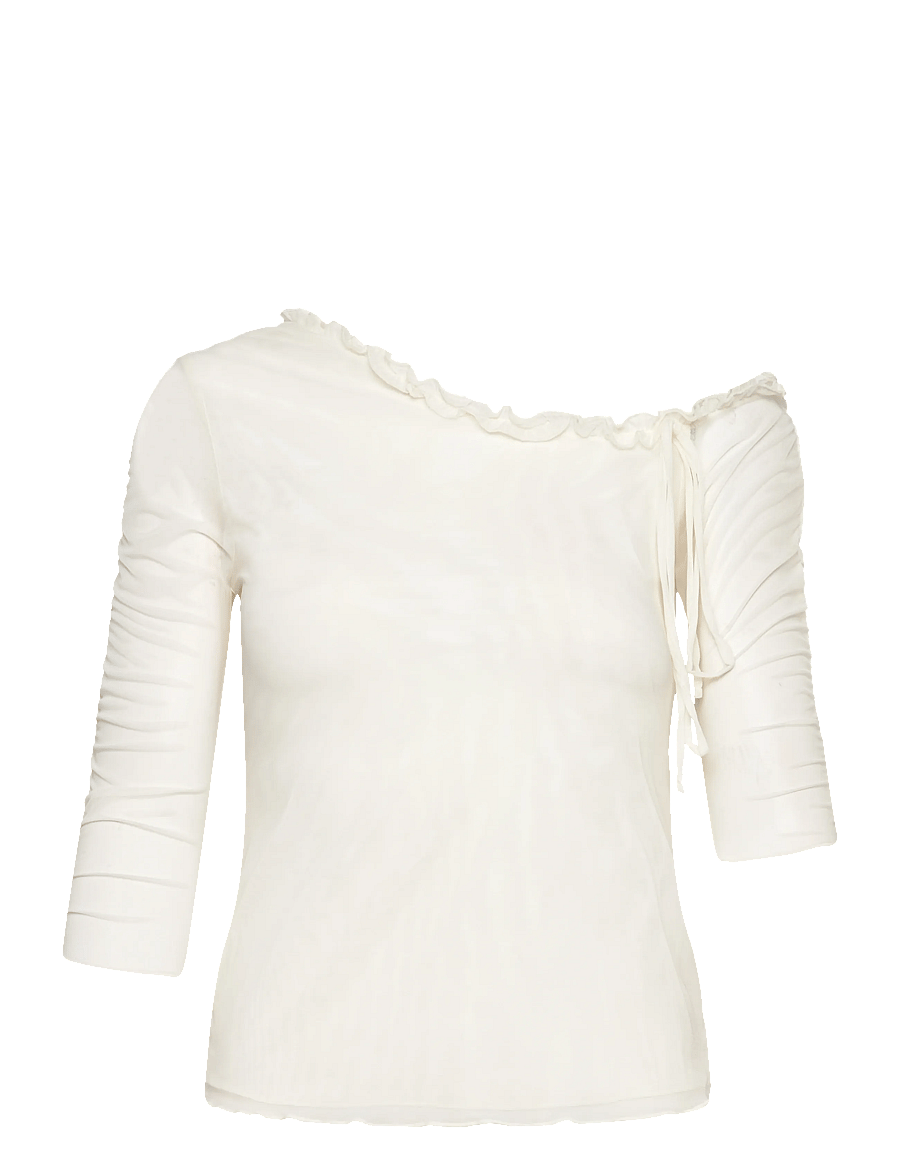 Monki - Asymmetric Off-Shoulder Three-Quarter Sleeve Top - long-sleeved tops - white dusty light - 0