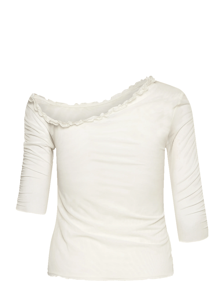 Monki - Asymmetric Off-Shoulder Three-Quarter Sleeve Top - long-sleeved tops - white dusty light - 1