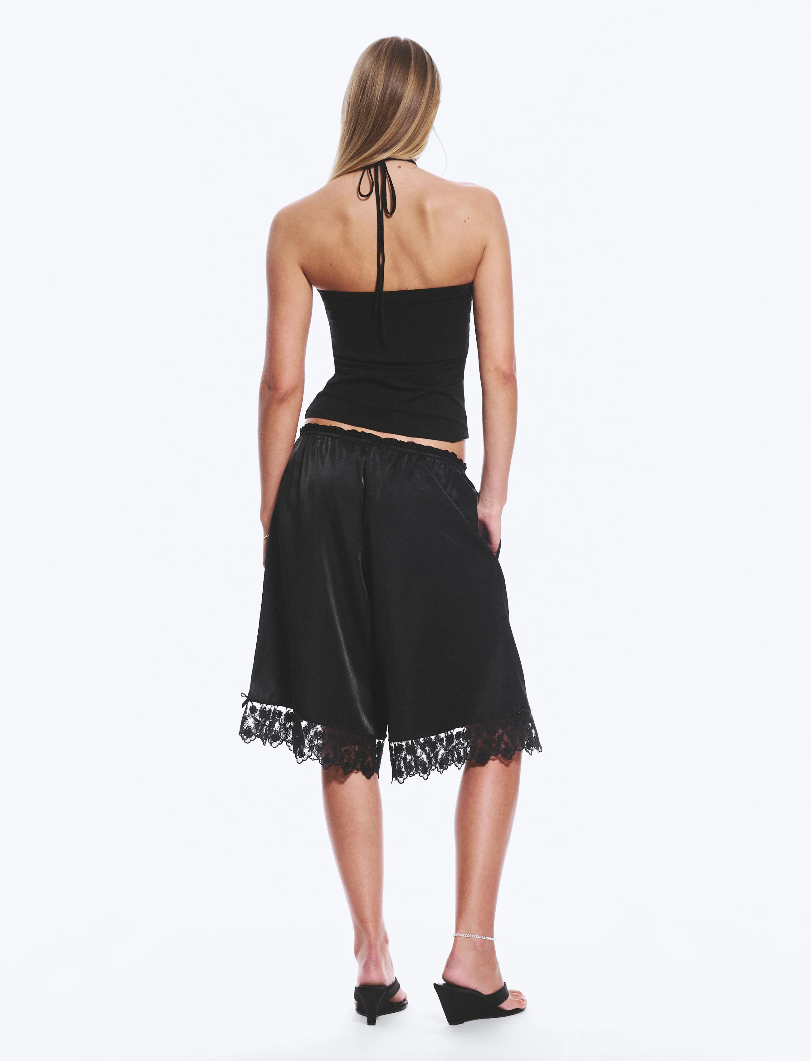 Monki - Satin Lace Jorts - shorts - black dark - 5