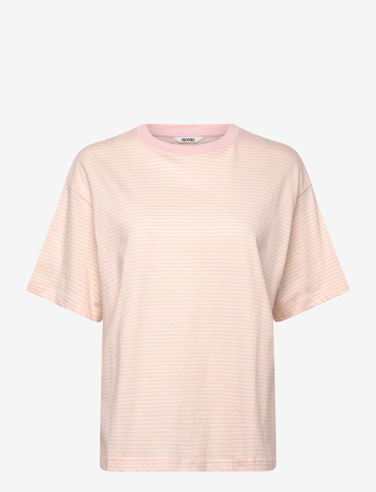Monki - Short-Sleeved Cotton T-shirt - t-shirts - pink stripe - 0