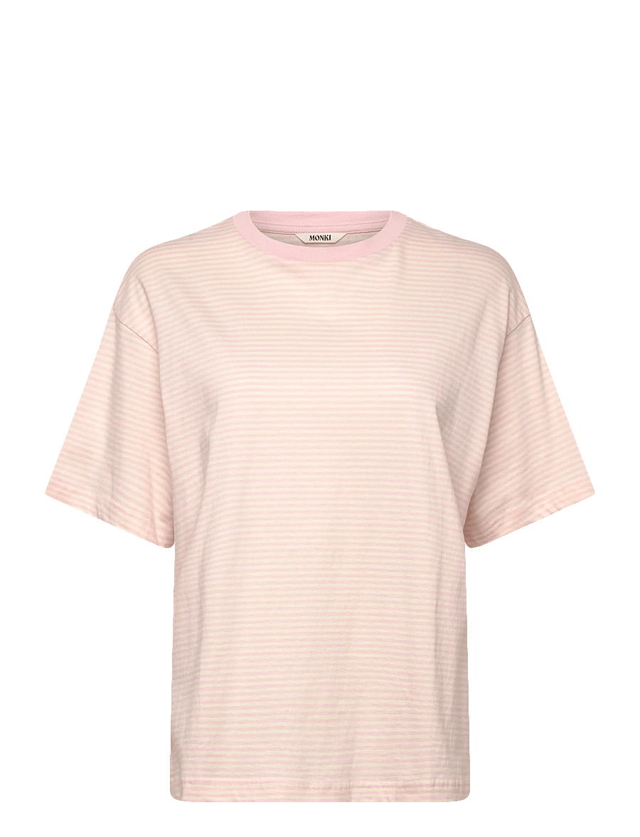 Monki - Short-Sleeved Cotton T-shirt - t-shirts - pink stripe - 0