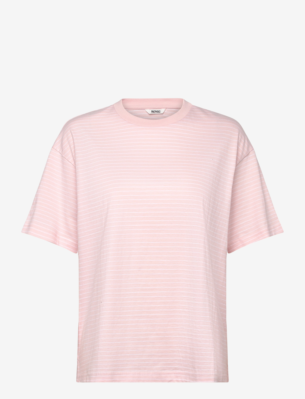 Monki - Short-Sleeved Cotton T-shirt - t-shirts - pink/white stripe - 0