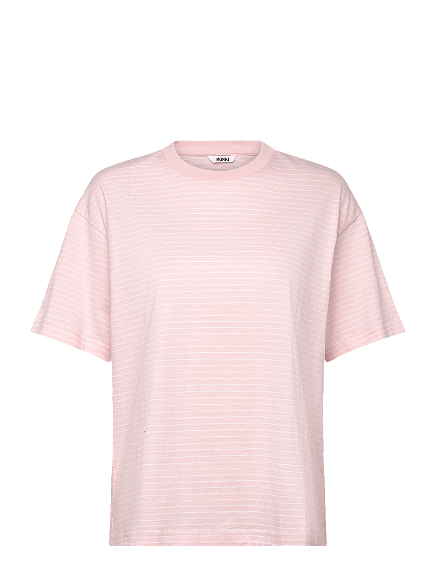 Monki - Short-Sleeved Cotton T-shirt - t-shirts - pink/white stripe - 0