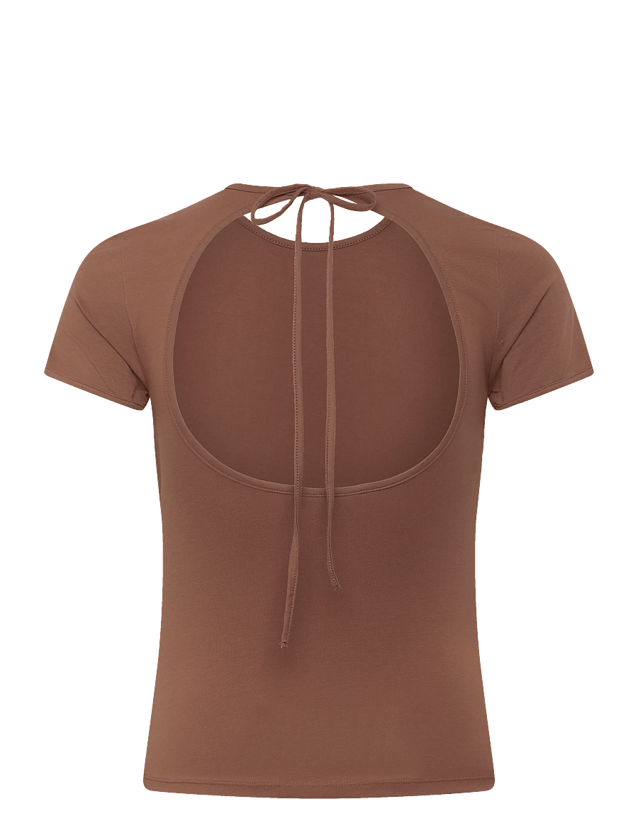 Monki - Slim Short-Sleeved Open-Back Top - t-shirts - brown medium dusty - 1