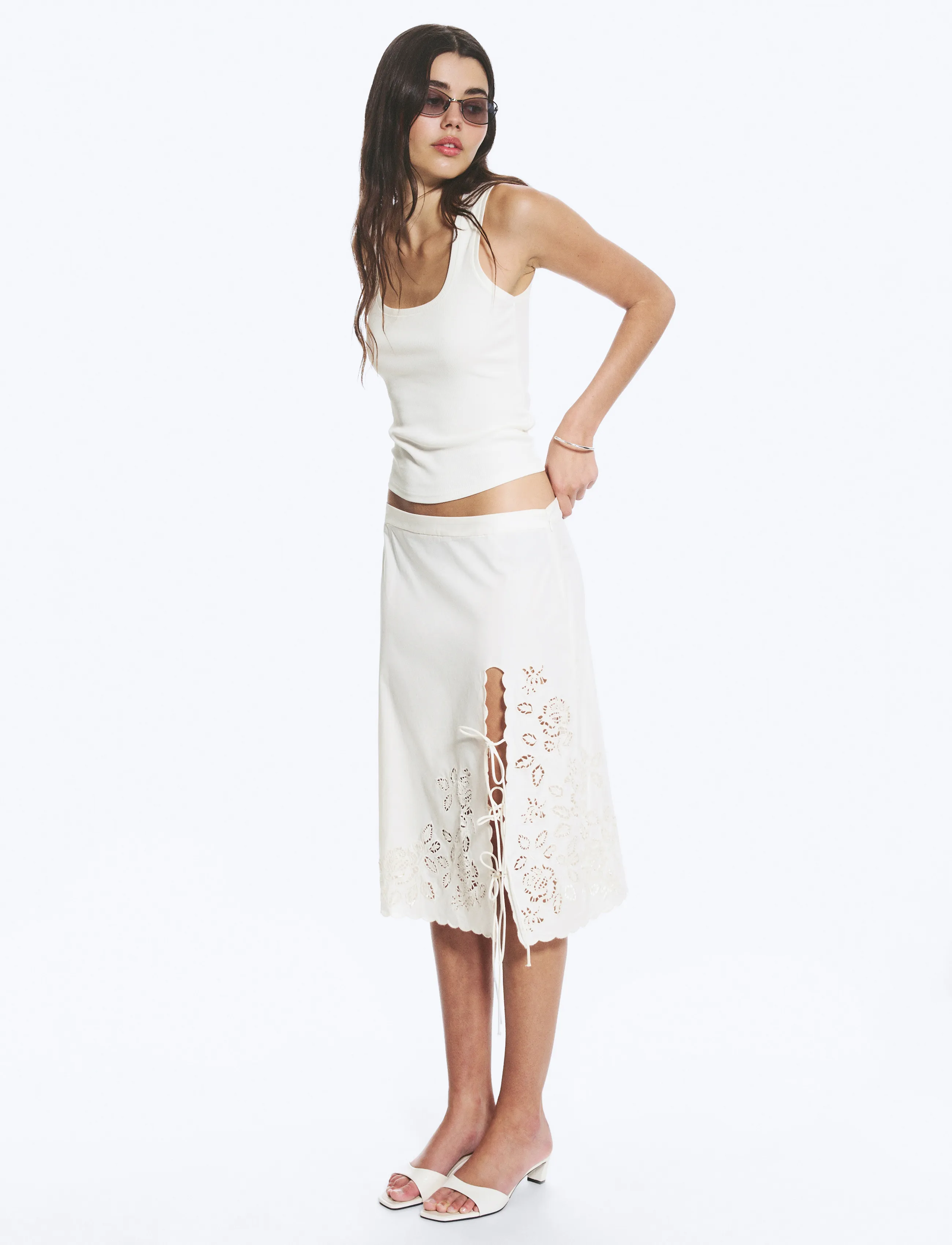 Monki Broderie Anglais Skirt, Kvinder, Broderie Anglaise Nederdel, Hvid, Str: 38