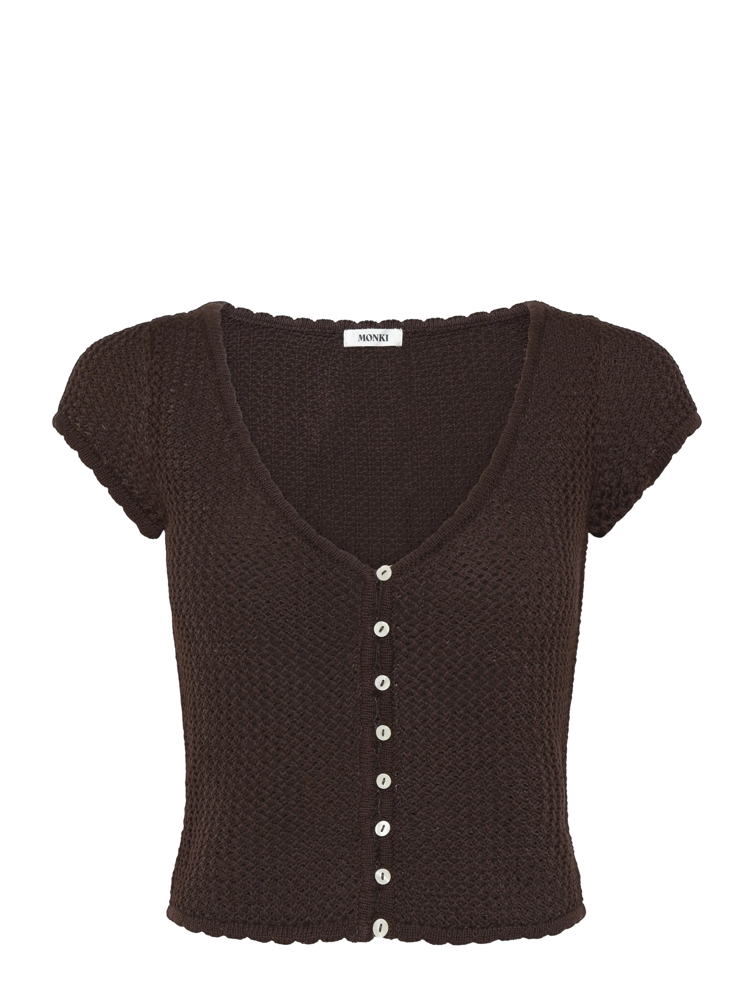 Monki Short-Sleeved Crochet Top, Kvinder, Kortærmet Hæklet Top, Brun, Str: XXS