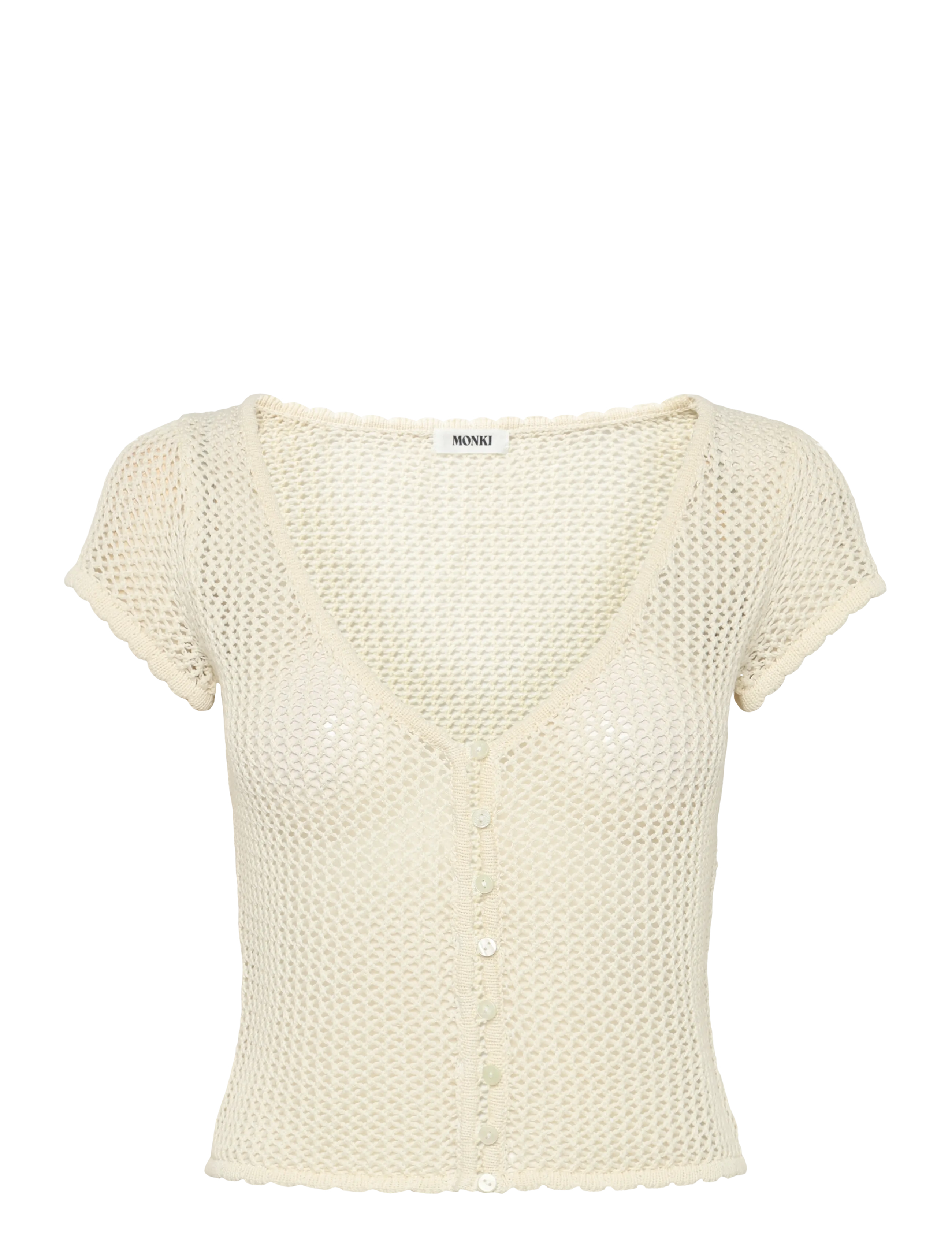 Monki Short-Sleeved Crochet Top, Kvinder, Kortærmet Hæklet Top, Cream, Str: XS