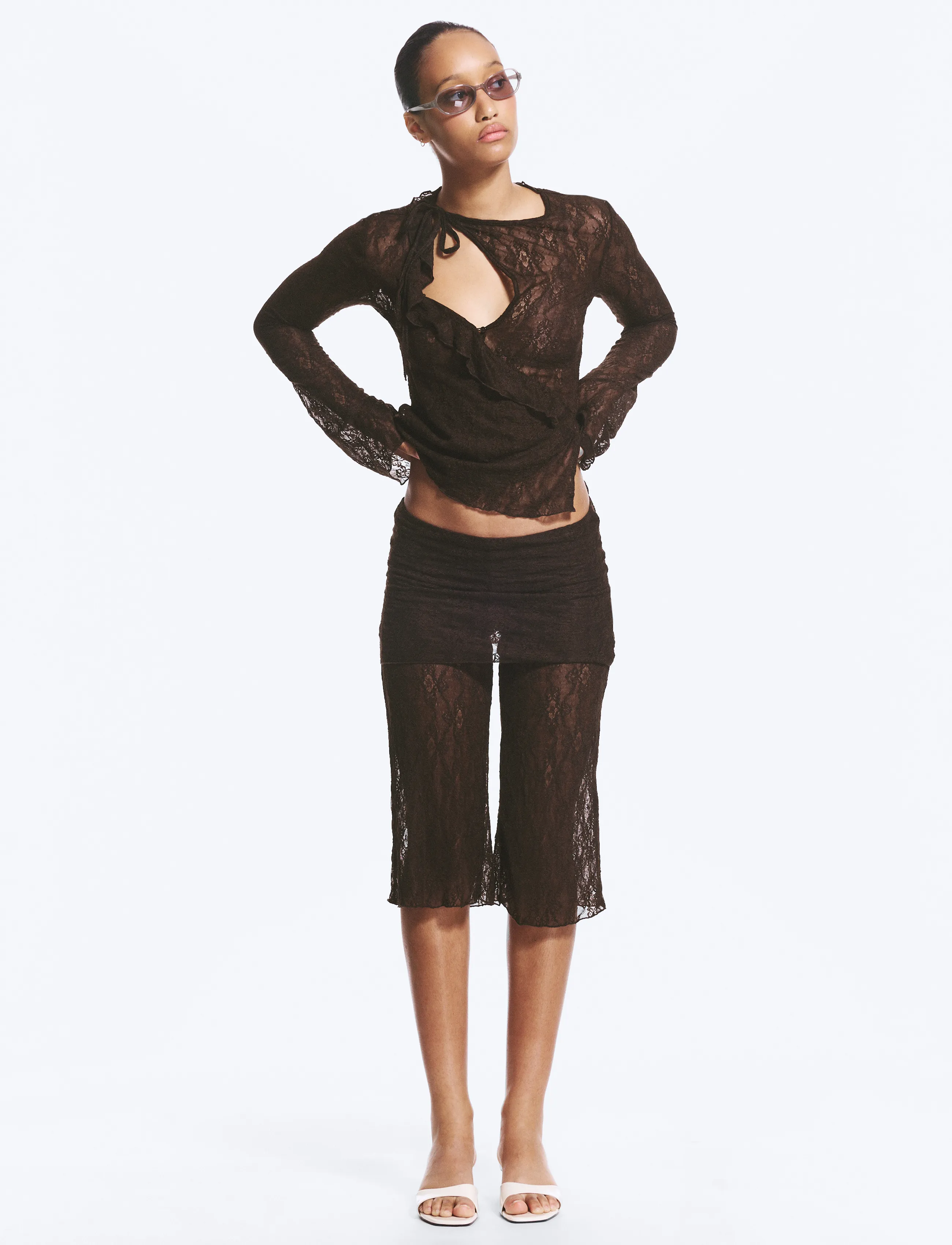 Monki Lace Capri Pants, S, Brown, Bukser > Capri-Bukser, Dame