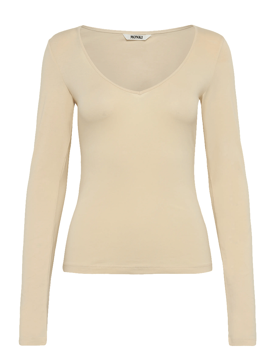 Monki - V-Neck Longsleeve - långärmade toppar - beige dusty light - 0
