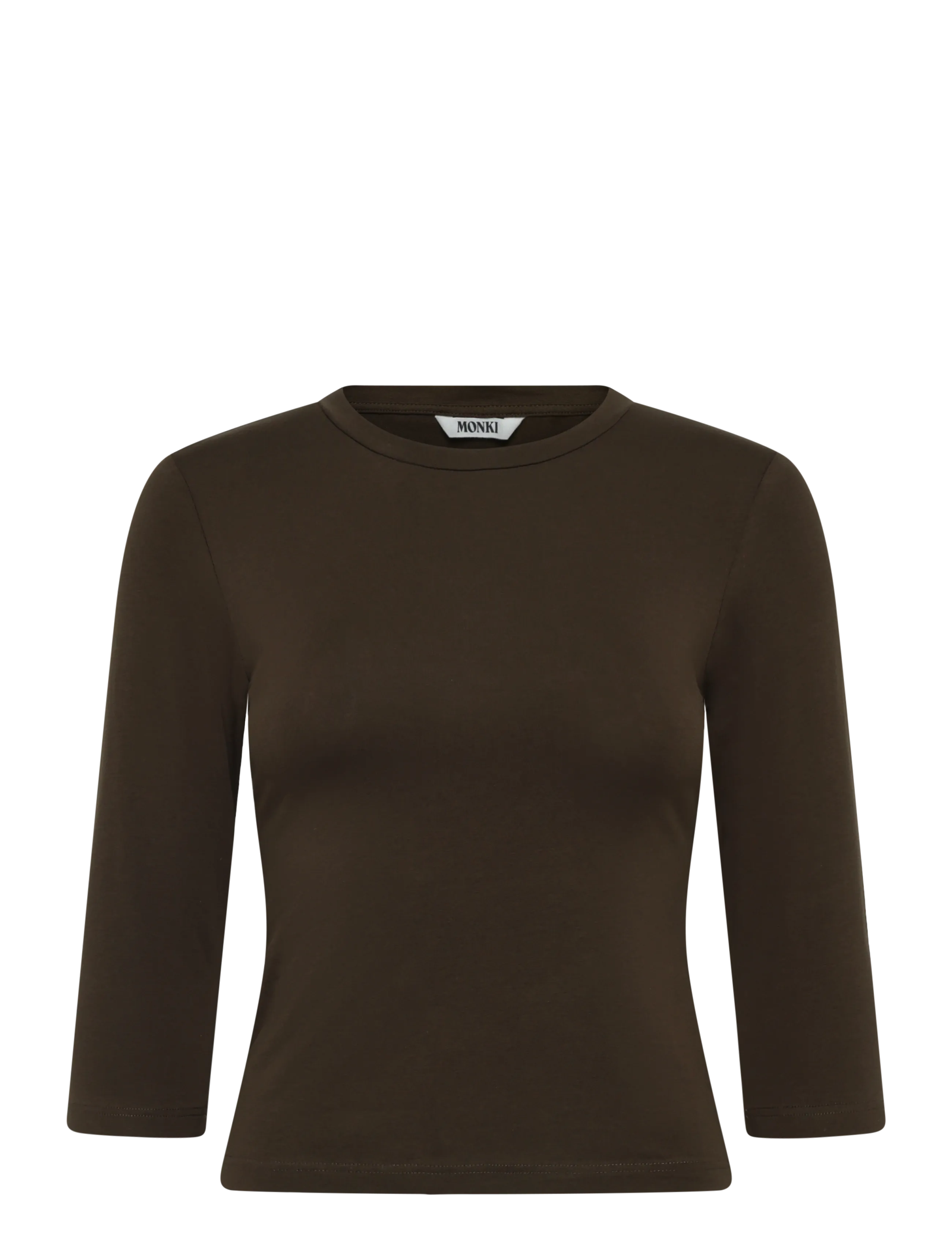 Monki Round Neck Three-Quarter Sleeve Top, XS, T-shirts & Oberteile, Braun - Short-sleeved, Frauen