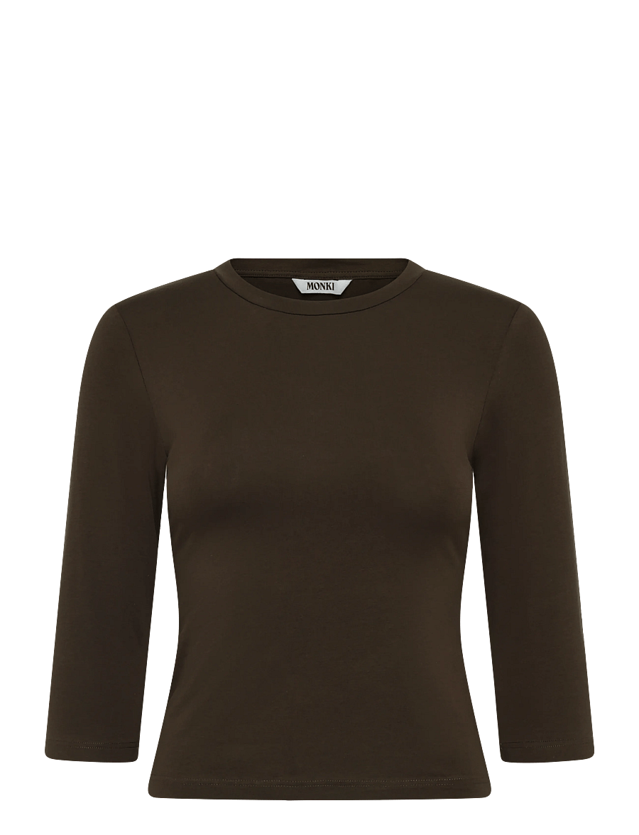 Monki - Round Neck Three-Quarter Sleeve Top - långärmade toppar - brown dark - 0