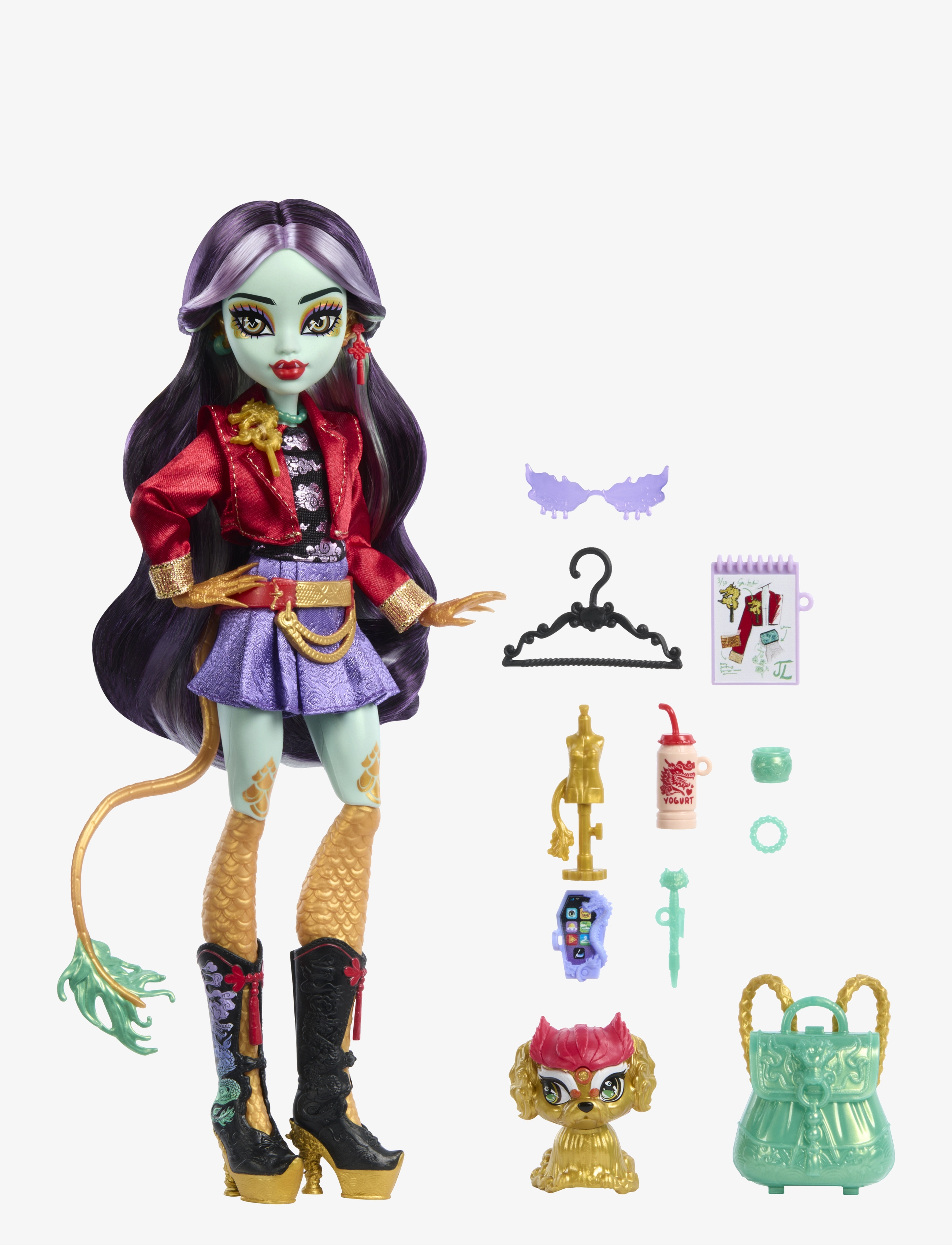Monster High Jinafire Long Fashion Doll With Pet Dog Cloudy “Yun Yun” And 7 Accessories, Børn, Dolls, Lila, Str: ONE SIZE