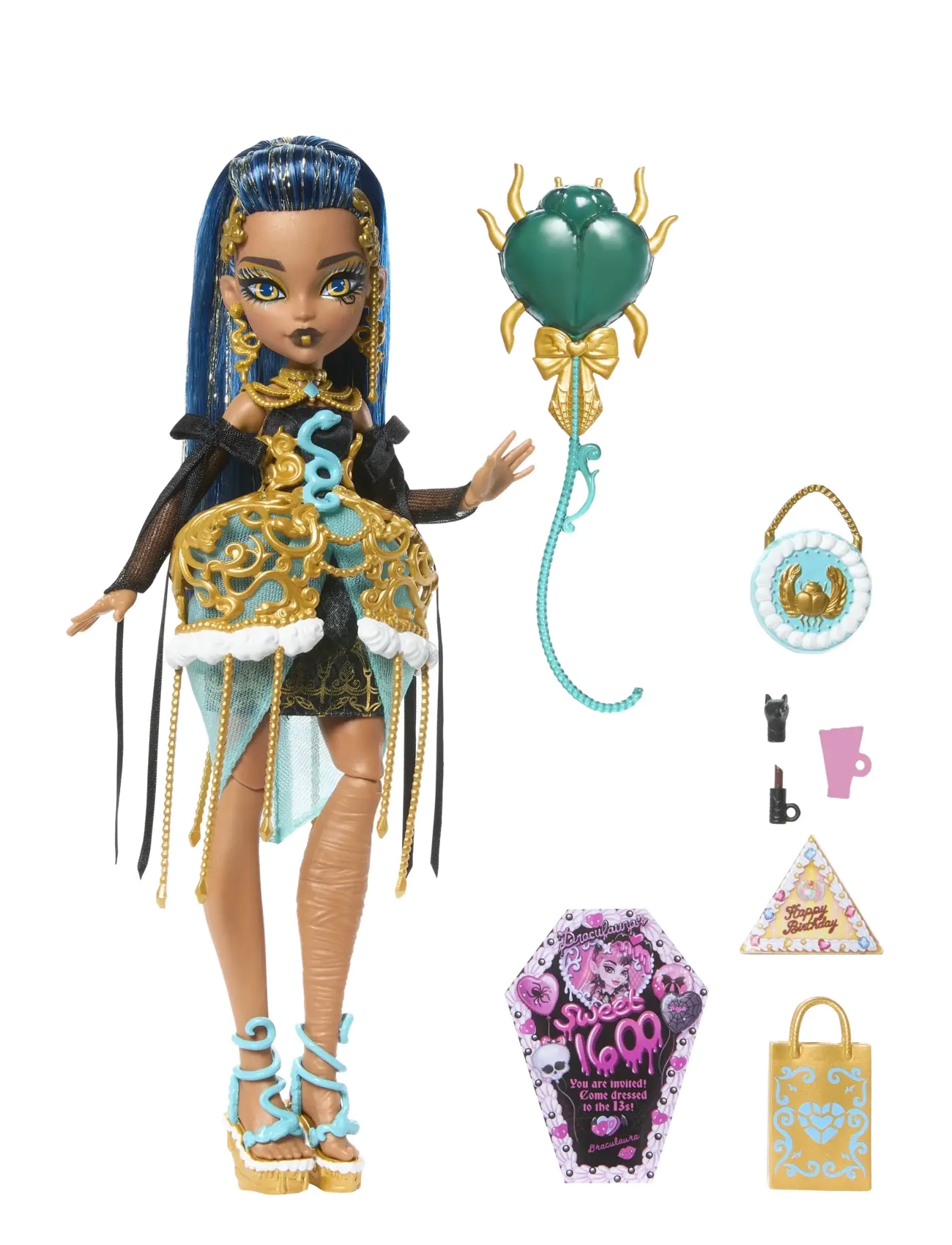 Monster High Scary Sweet Birthday Cleo De Nile Doll In Party Dress With Balloon & Gift, One Size, Dolls Accessories, Gold - Dolls, Kinder