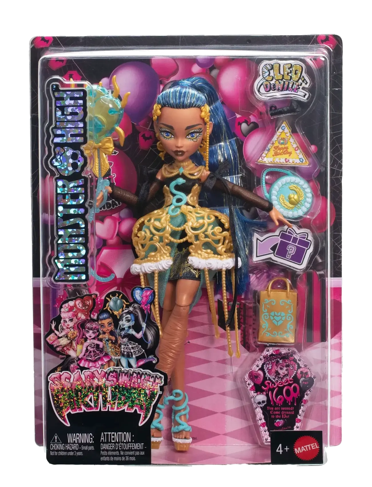 Monster High - Scary Sweet Birthday Cleo De Nile Doll in Party Dress with Balloon & Gift - dukker - multi color - 5