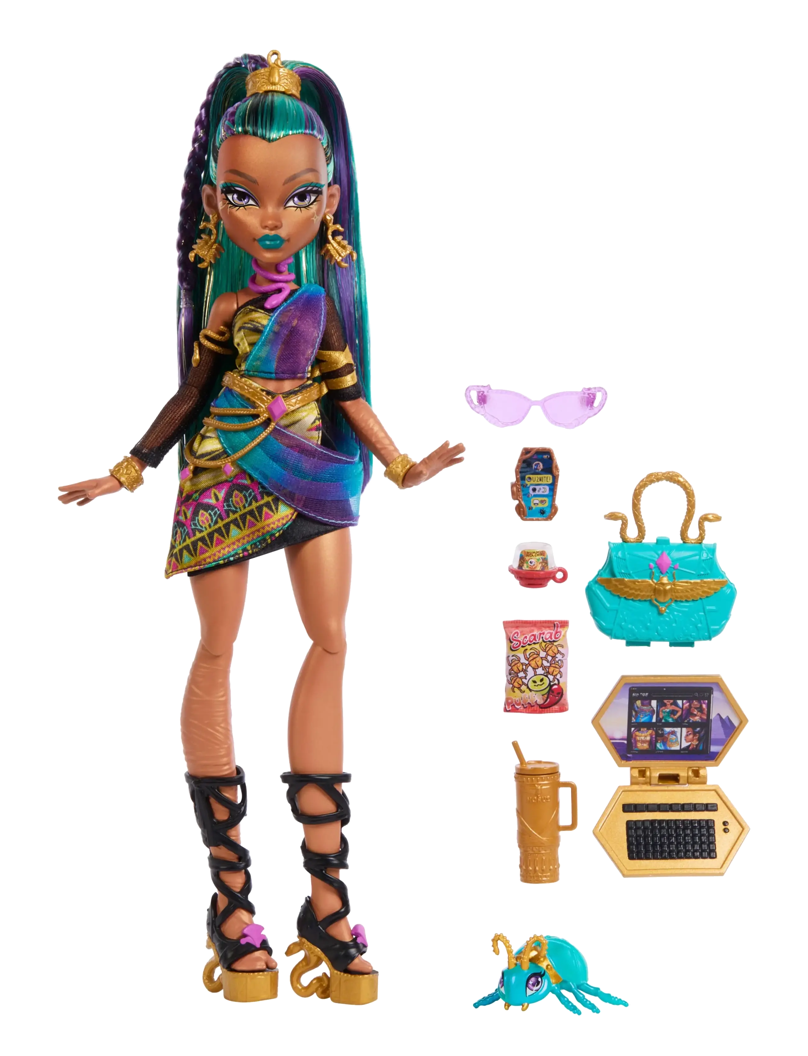 Monster High - Nefera De Nile Doll with Pet Scarab Lavish and 7 Accessories like Purse and Snacks - laveste priser - multi color - 4
