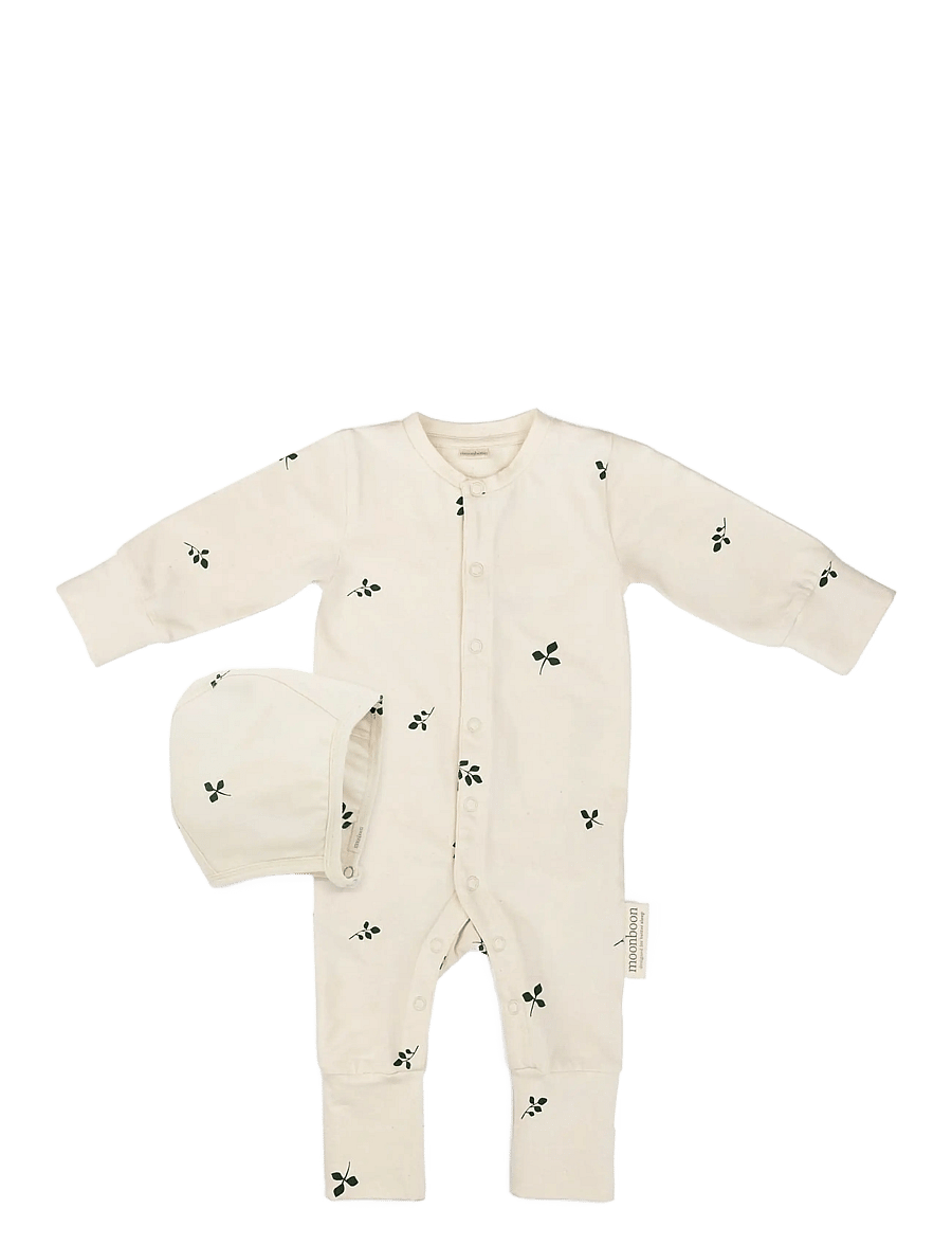 Moonboon - Sleep suit & bonnet giftbox - sæt med langærmet t-shirt - leaf - 0