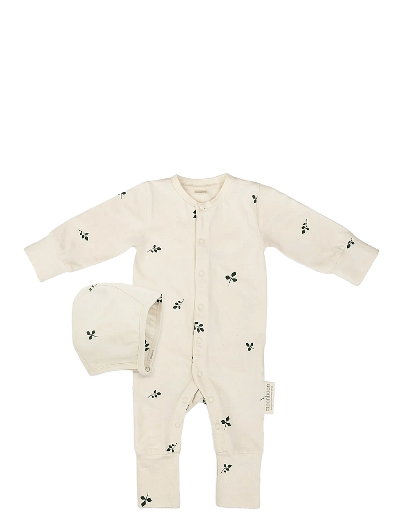 Moonboon - Sleep suit & bonnet giftbox - sæt med langærmet t-shirt - leaf - 0