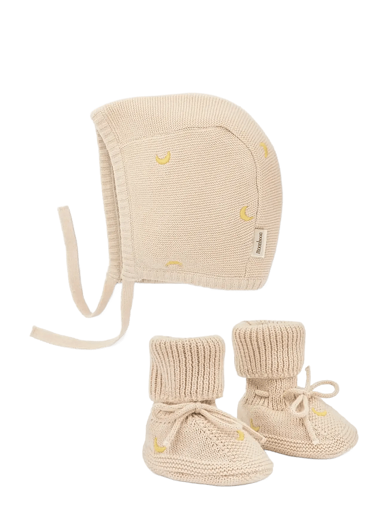 Moonboon - Knitted bonnet and booties giftbox - babyhuer - rose cloud - 0