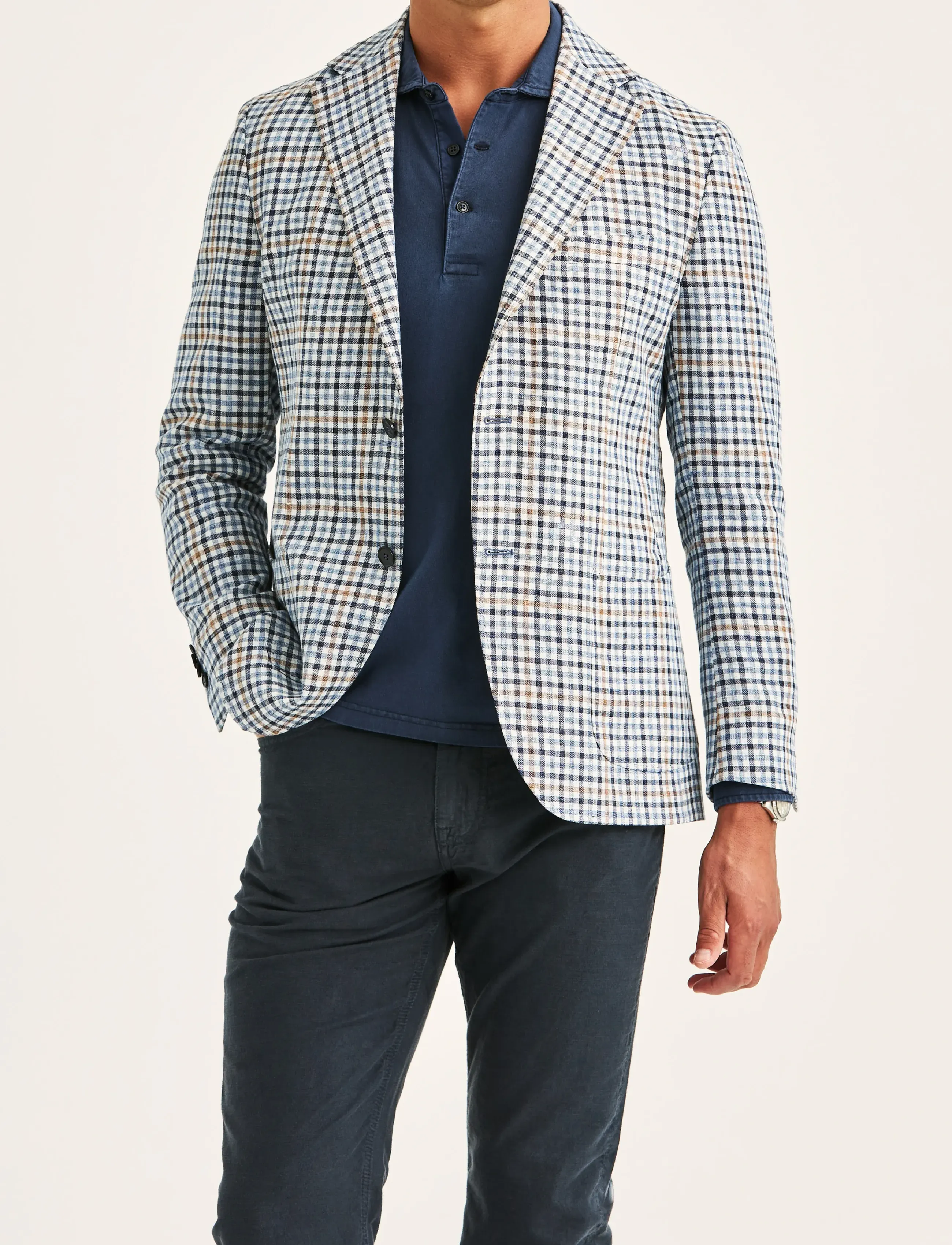 Morris Linen Blue Check Jacket, 52, Navy, Blazere > Enkeltradede Blazere, Herre