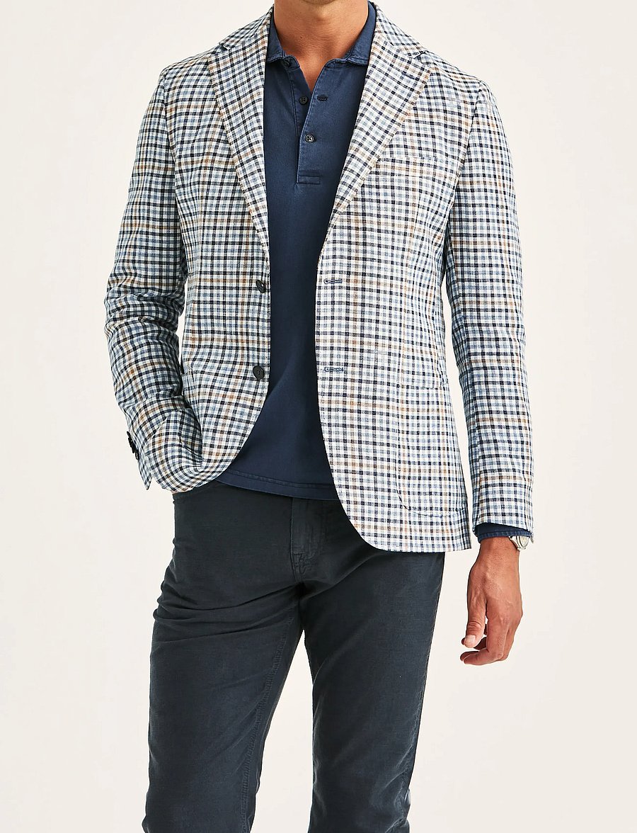 Morris - Linen Blue Check Jacket - Üherealised pintsakud - navy - 0