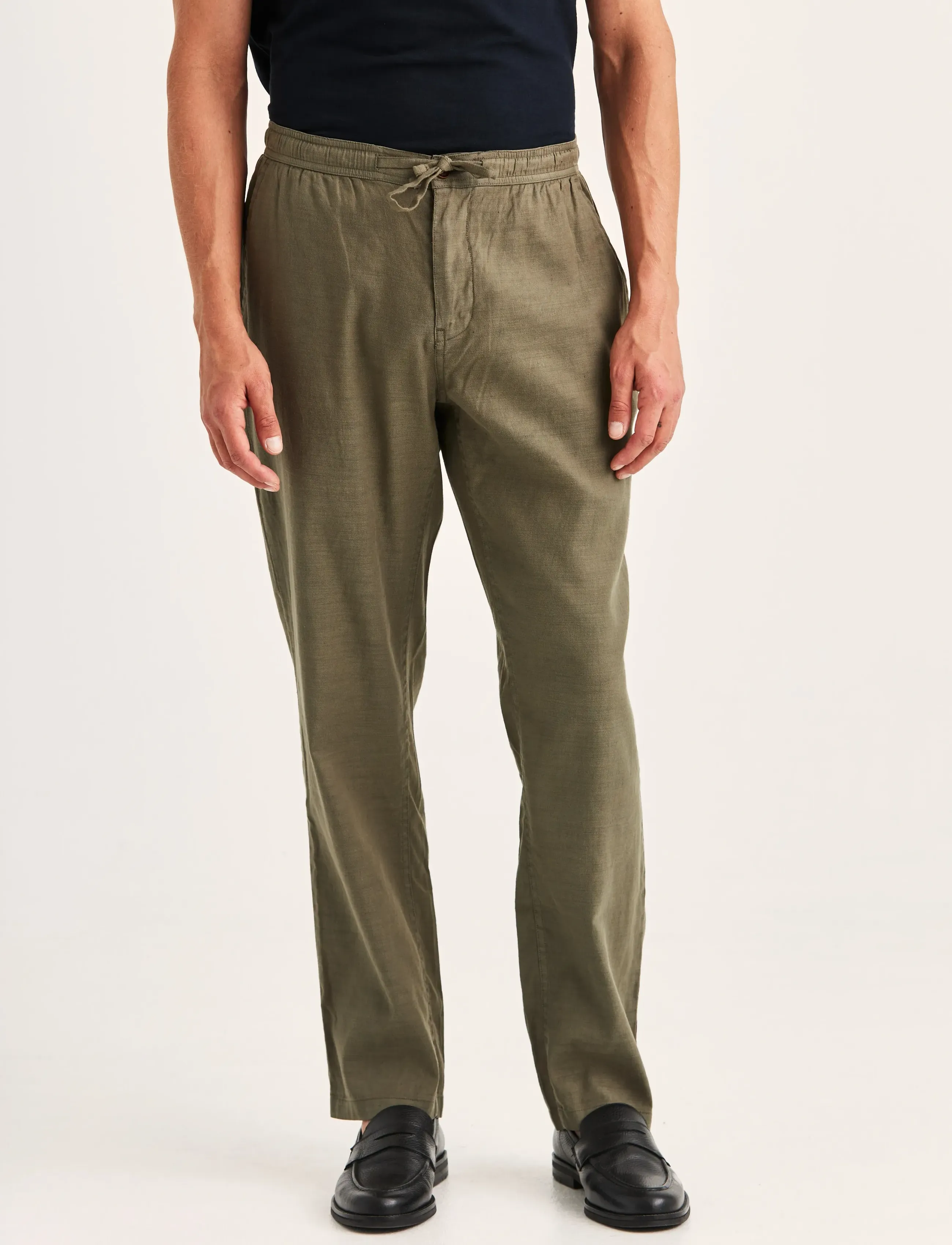 Morris Fenix Linen Trouser, Mænd, Hør Bukser Med Snøre, Kakigrøn, Str: S