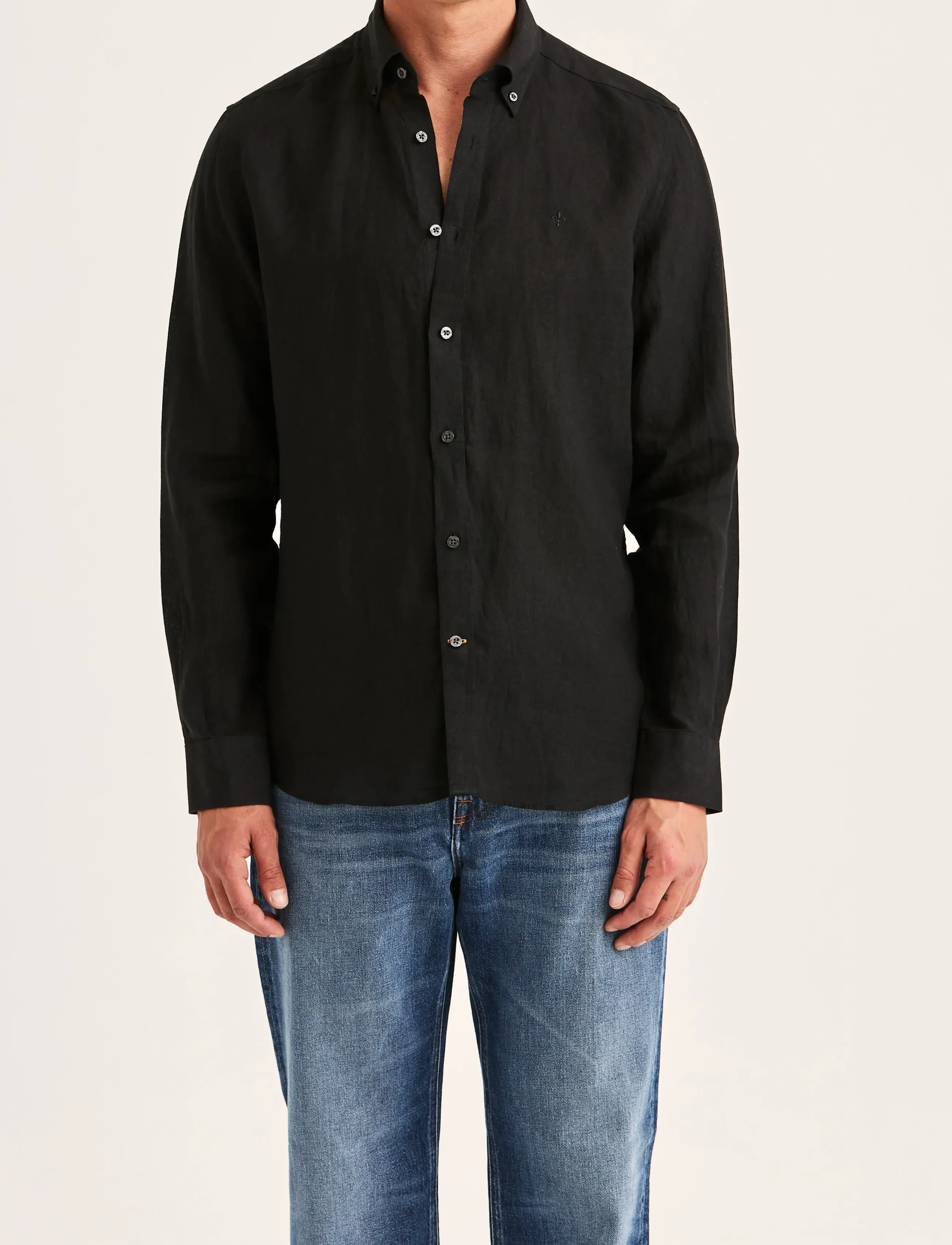 Morris Douglas Linen Shirt-Classic Fit, L, Black, Skjorter > Afslappet, Herre