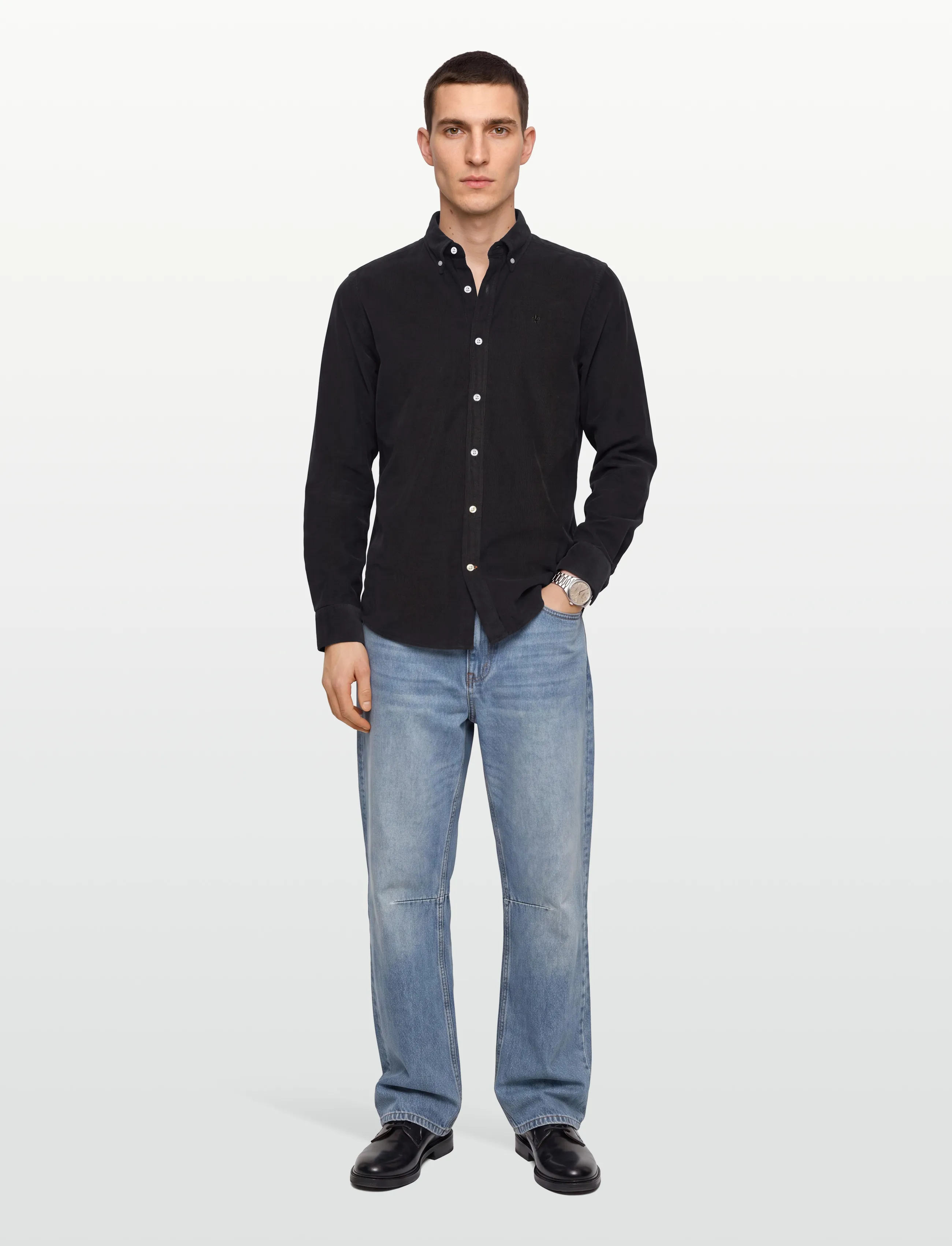 Morris Douglas Cord Shirt-Slim Fit, Mænd, Button Down Fløjls Skjorte, Grå, Str: S