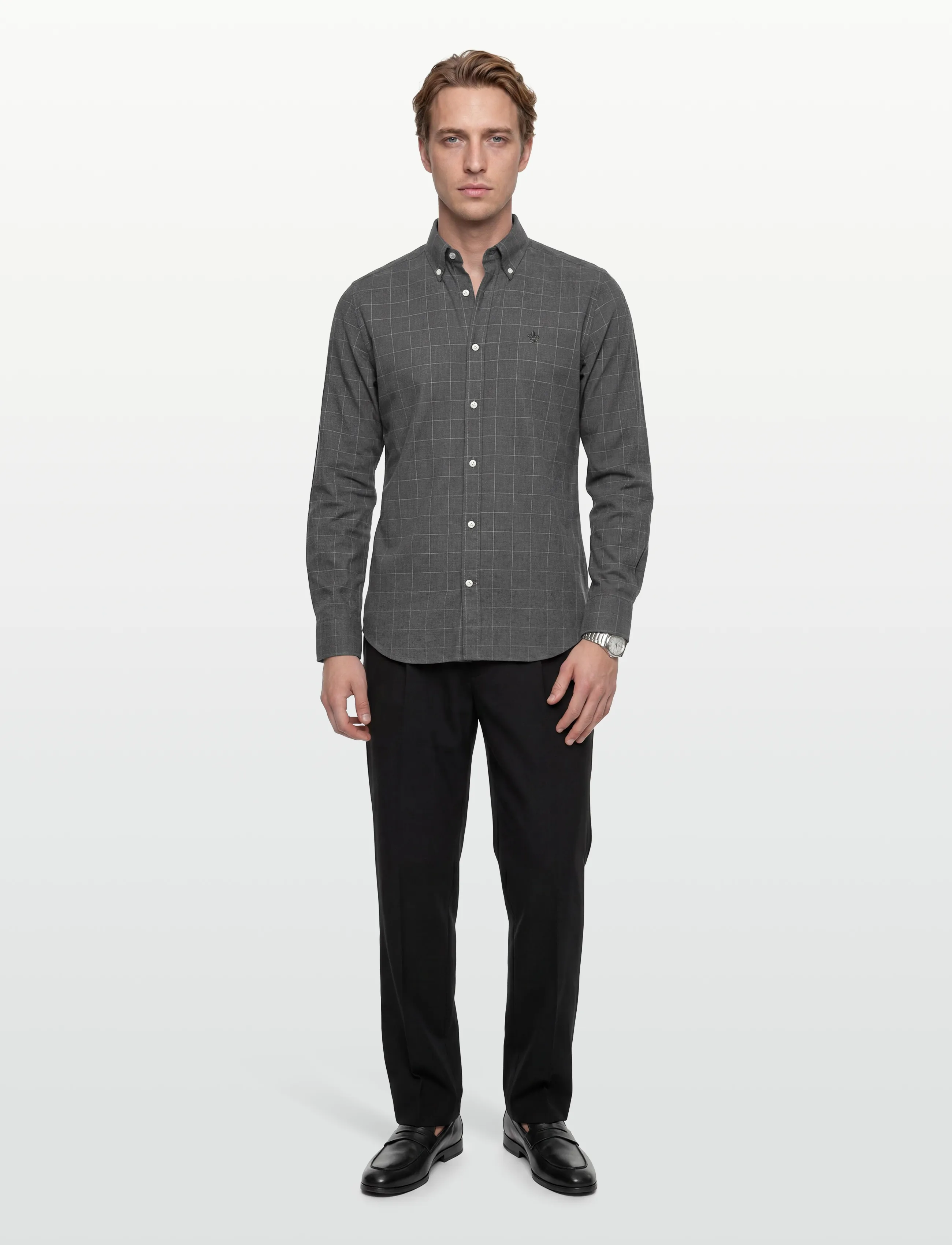 Morris Flannel Overcheck Shirt-Slim Fit, XS, Shirts, Grau - Casual Männerswear
