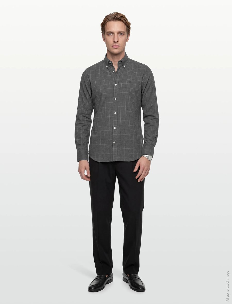 Morris - Flannel Overcheck Shirt-Slim Fit - flanell-hemden - grey - 0