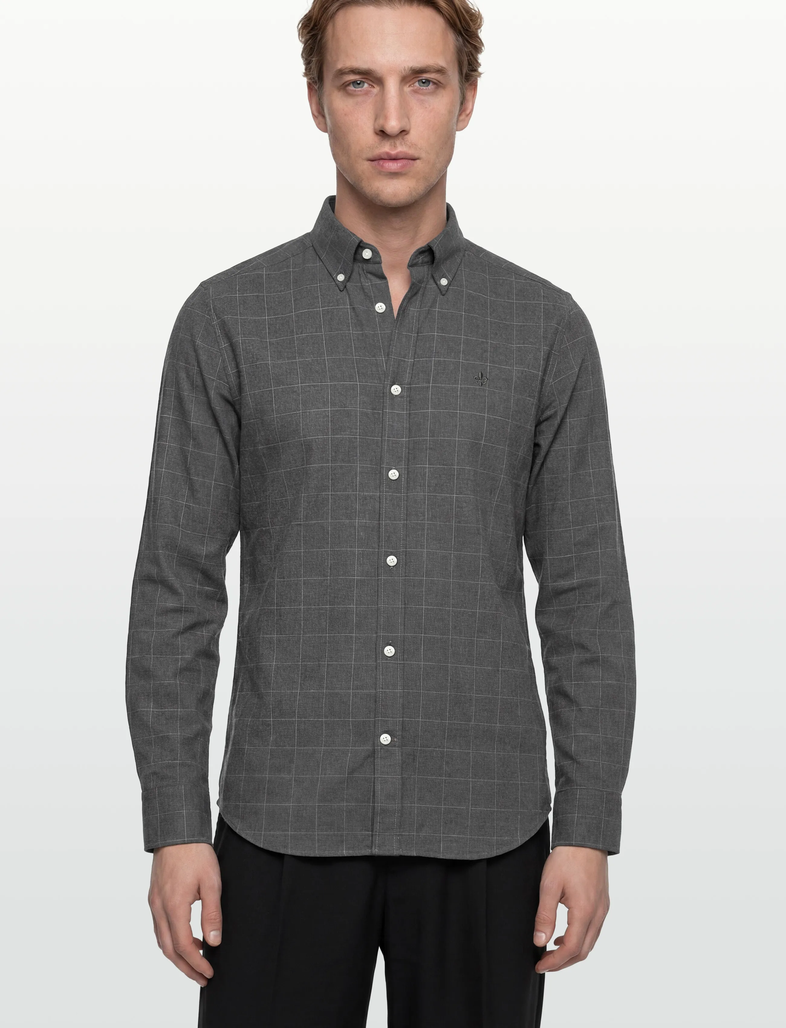 Morris - Flannel Overcheck Shirt-Slim Fit - flanell-hemden - grey - 3