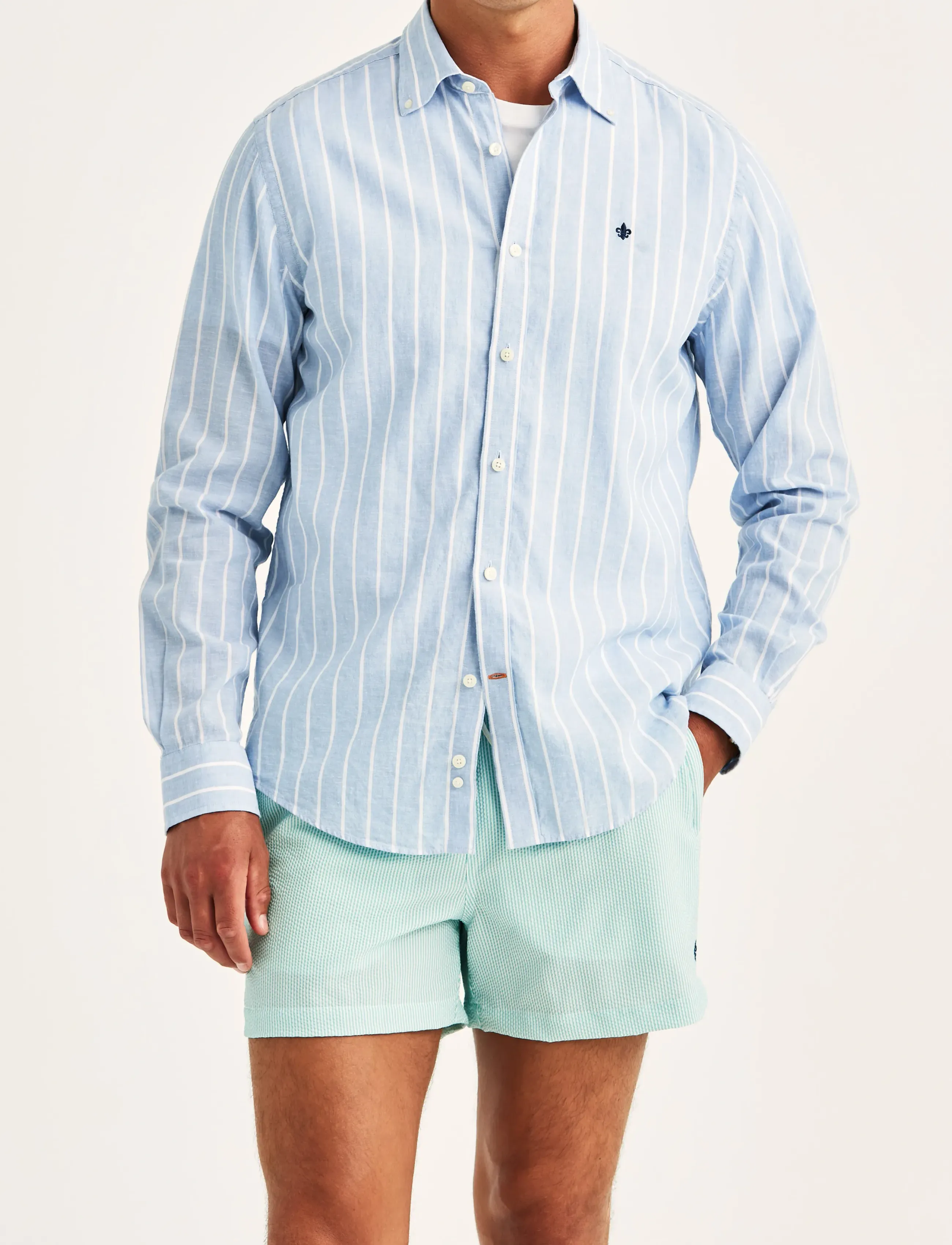 Morris Douglas Linen Mix Stripe Shirt-Classic Fit, L, Blue, Skjorter > Afslappet Shirts, Herre