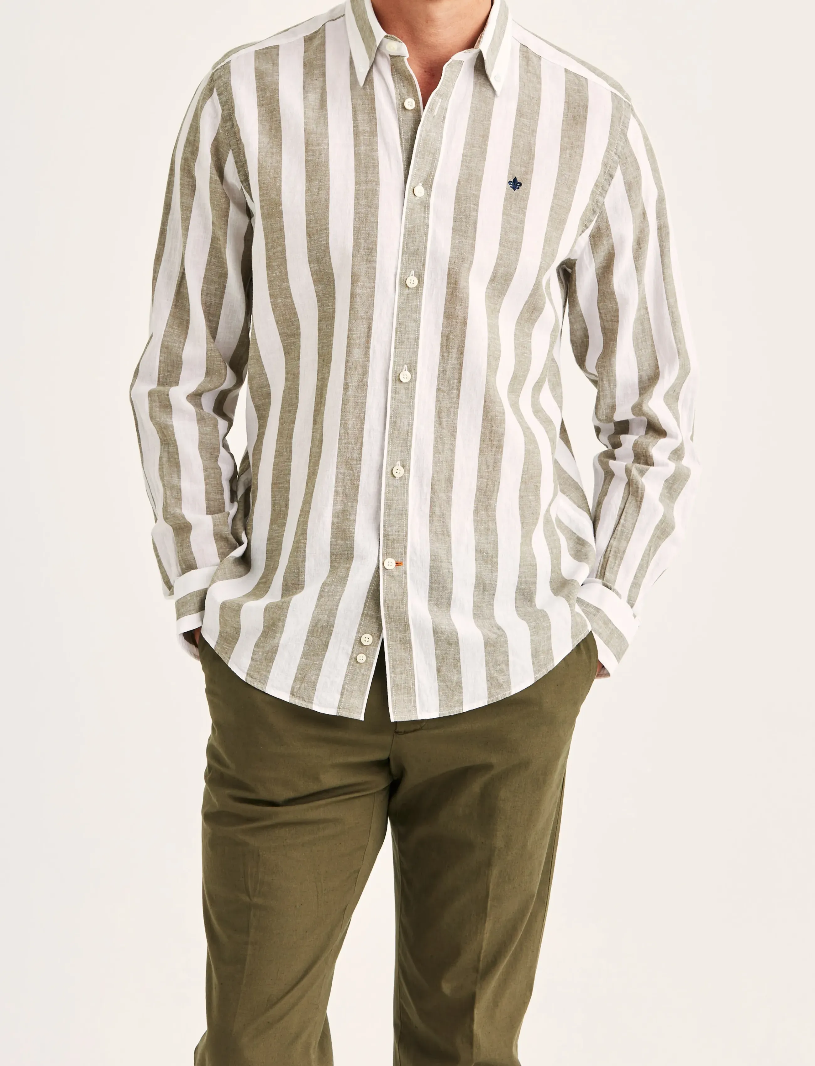 Morris Douglas Linen Mix Stripe Shirt-Classic Fit - Hemden - OLIVE / multi